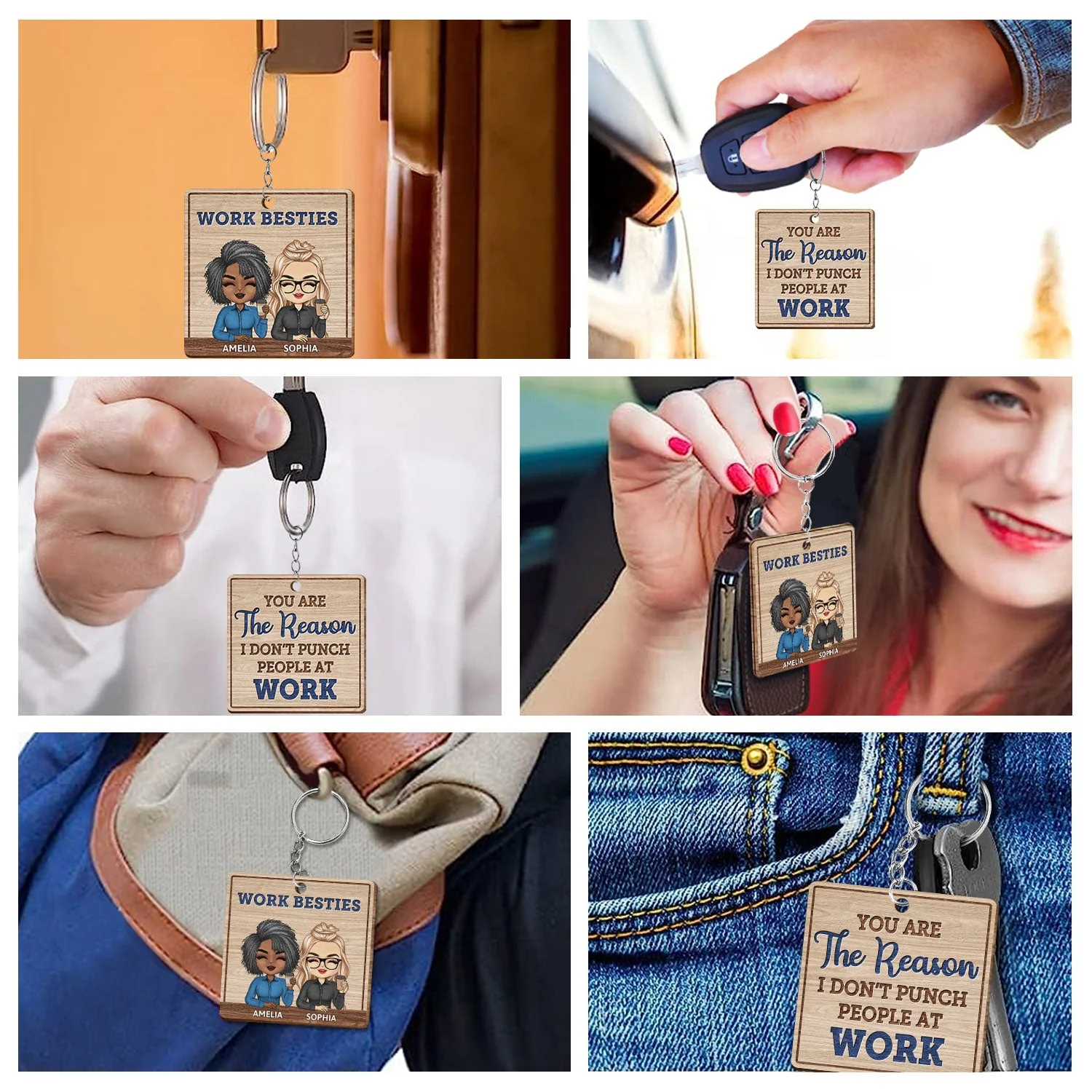 You Are The Reason I Don't Punch People At Work Wood Pattern - Funny, Anniversary, Birthday Gifts For Colleagues, Coworker, Besties - Personalized Custom Wooden Keychain - Image 6