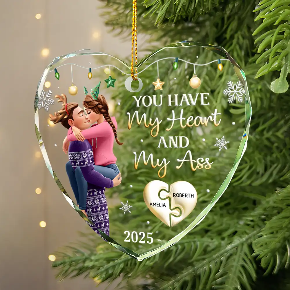 You Have My Heart Couple - Personalized Heart Shaped Glass Ornament - Image 2