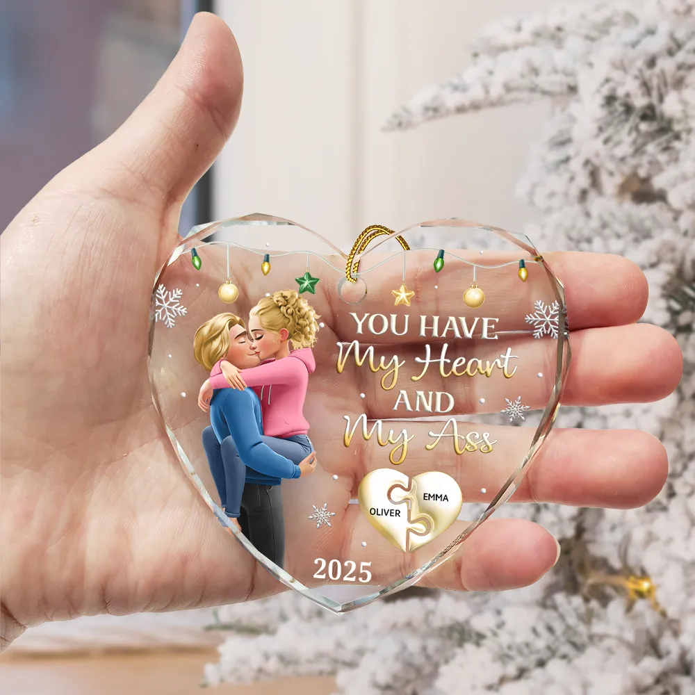You Have My Heart Couple - Personalized Heart Shaped Glass Ornament - Image 3