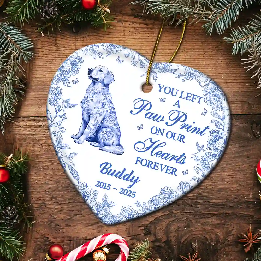 You Left A Paw Print On Our Hearts Memorial Dog Cat - Personalized Heart Ceramic Ornament - Image 5