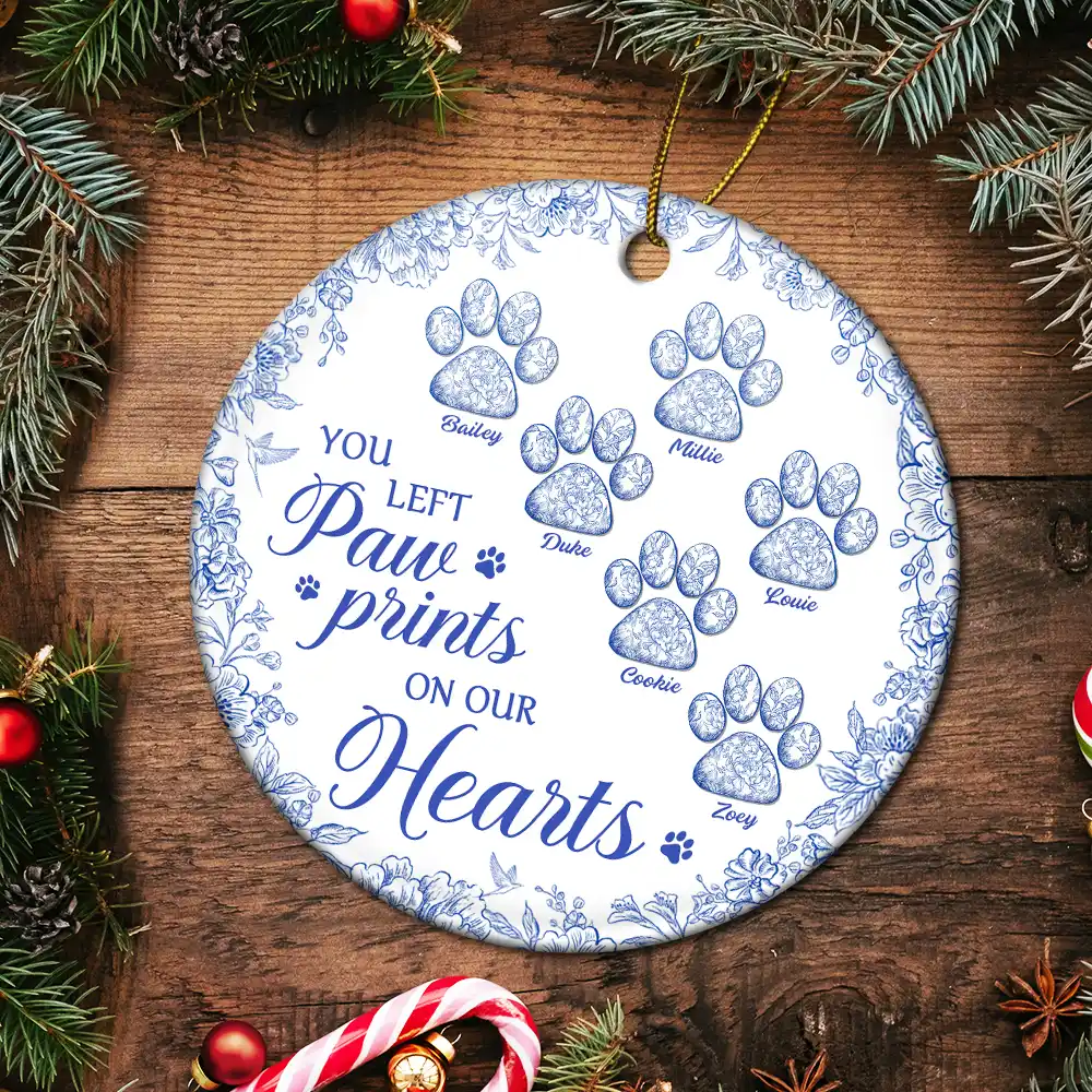 You Left Paw Prints On My Heart Memorial - Personalized Circle Ceramic Ornament - Image 5