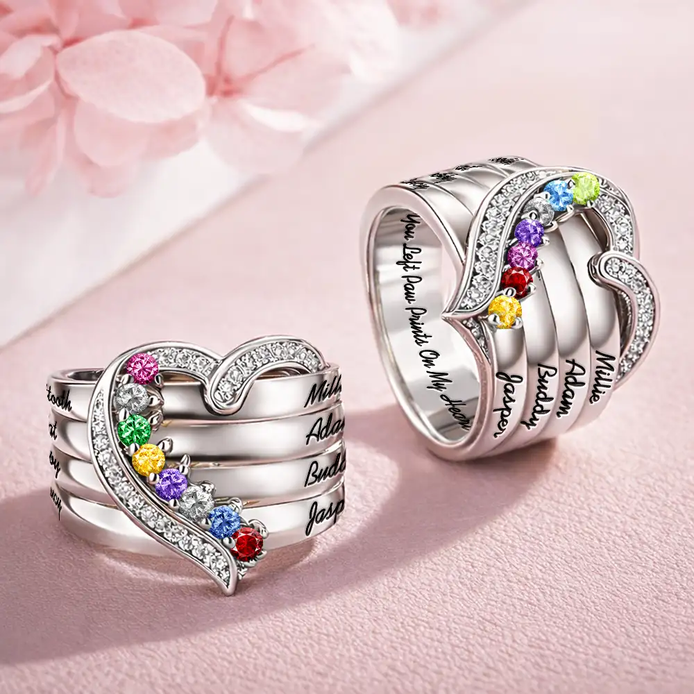 You Left Paw Prints On My Heart - Personalized Birthstone Heart Ring - Image 3