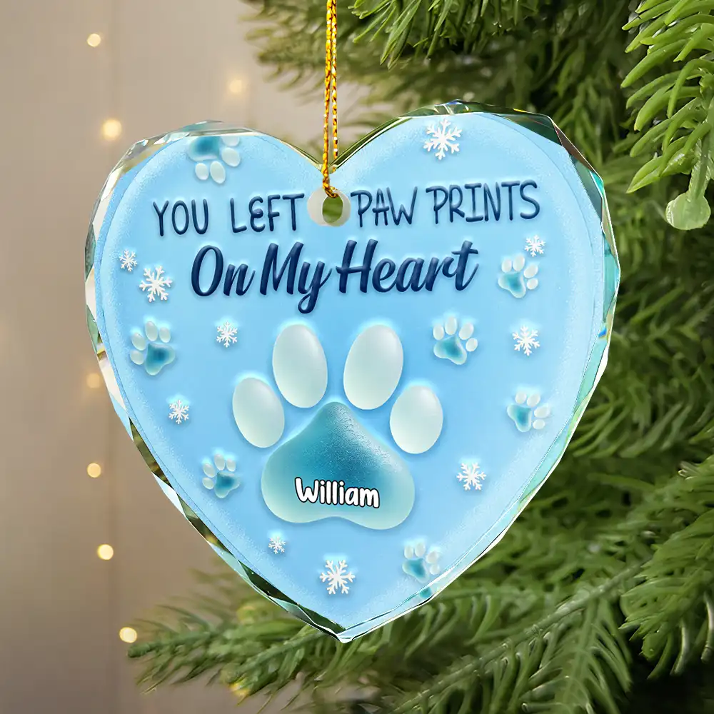 You Left Paw Prints On My Heart - Personalized Heart Shaped Glass Ornament - Image 2