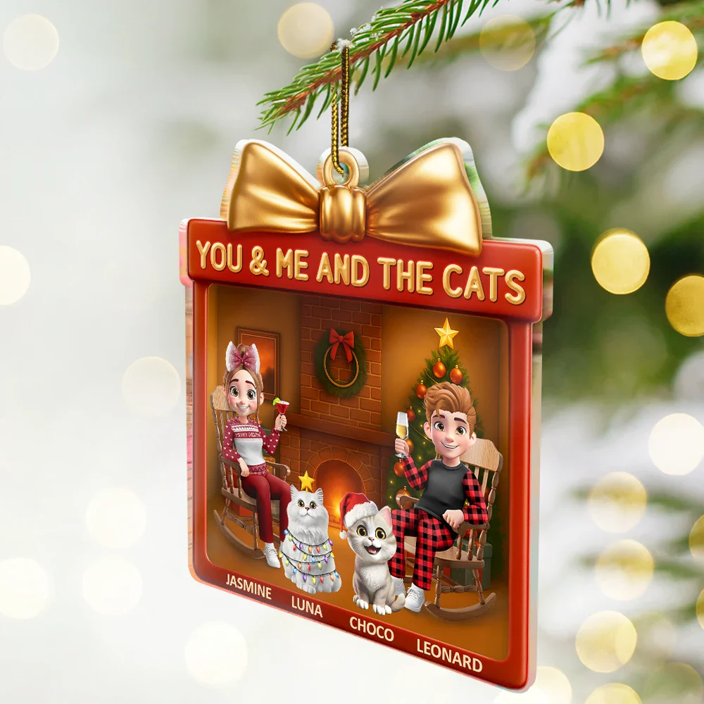 You & Me And The Cat 3D Effect Couple Gift Shaped - Personalized Custom Shaped Acrylic Ornament - Image 2