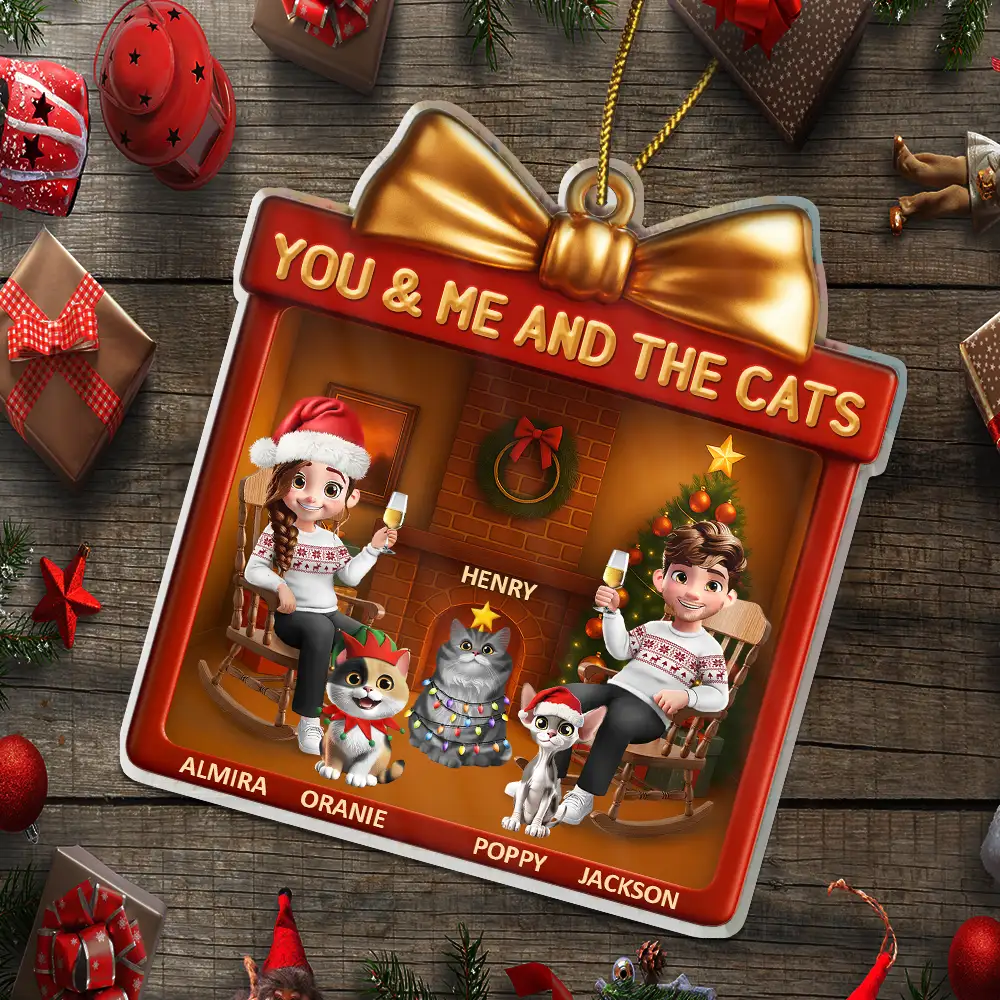 You & Me And The Cat 3D Effect Couple Gift Shaped - Personalized Custom Shaped Acrylic Ornament - Image 5