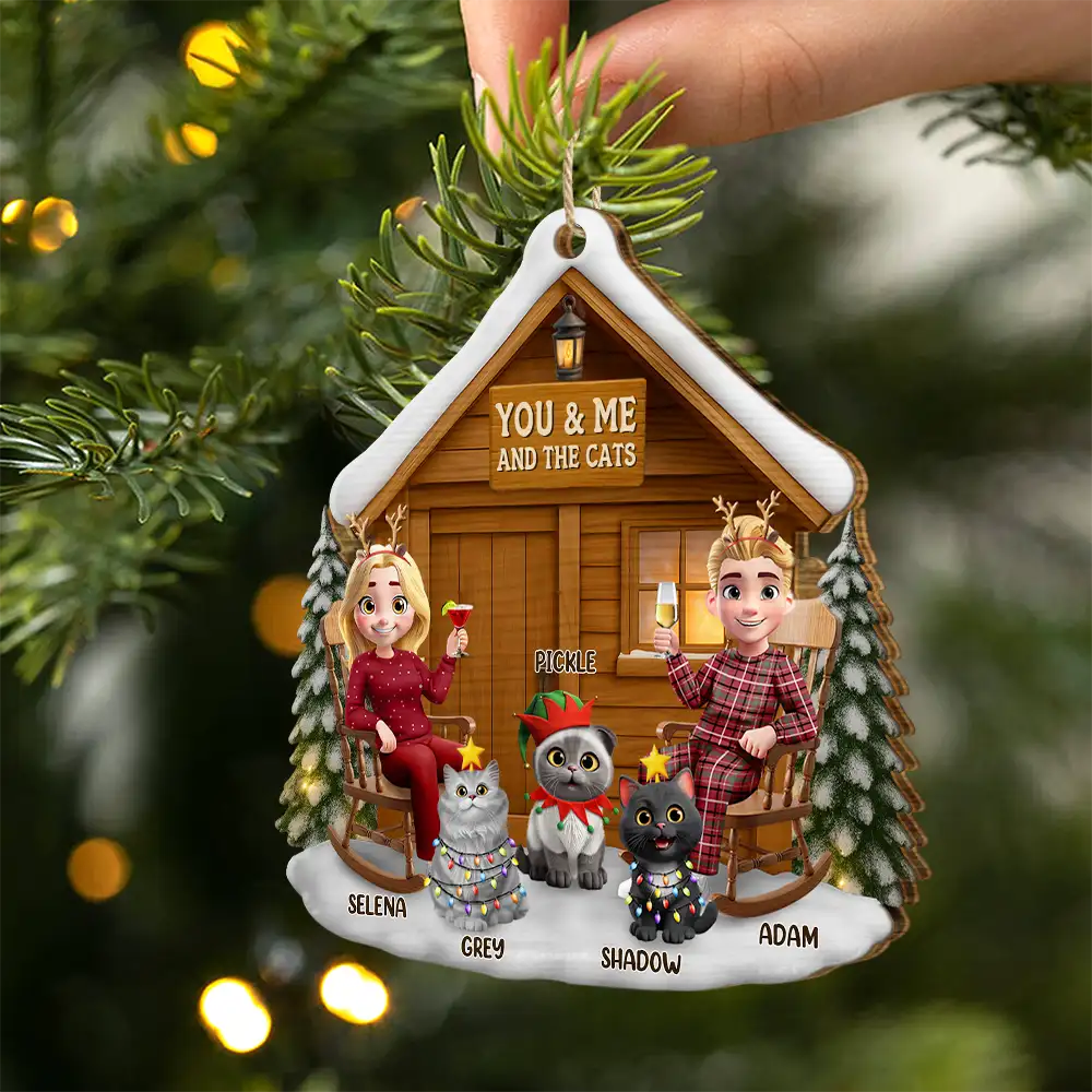 You & Me And The Cat 3D Effect Couple - Personalized Custom Shaped Wooden Ornament - Image 2