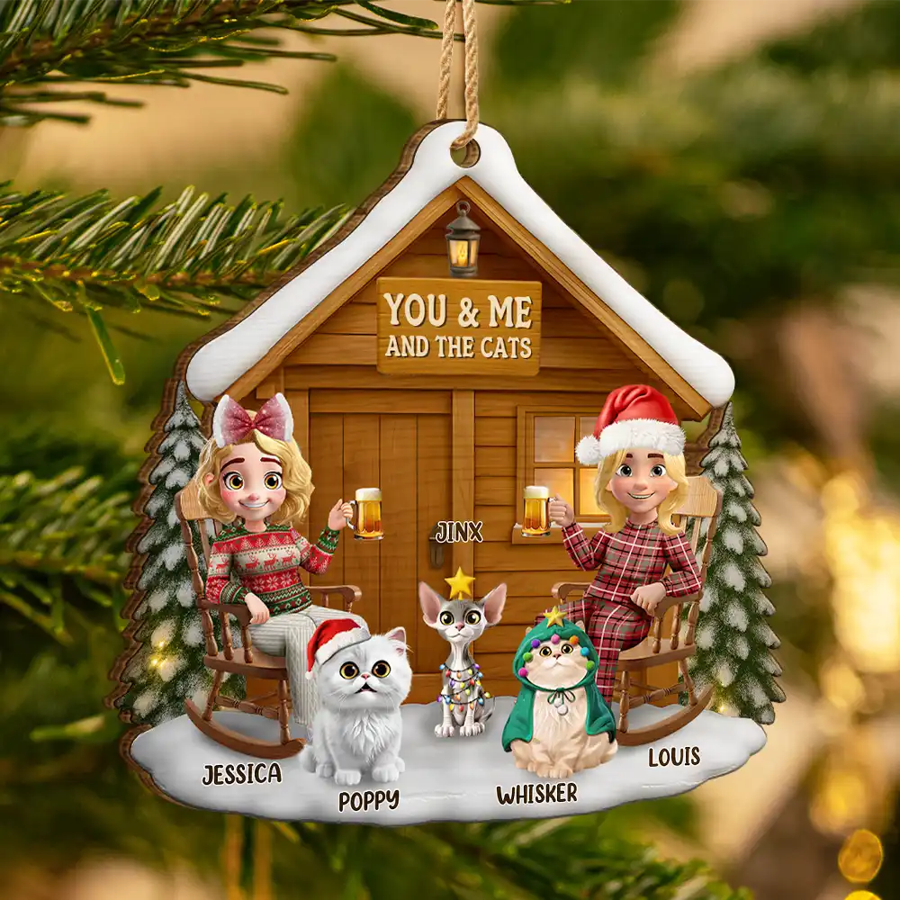 You & Me And The Cat 3D Effect Couple - Personalized Custom Shaped Wooden Ornament - Image 3