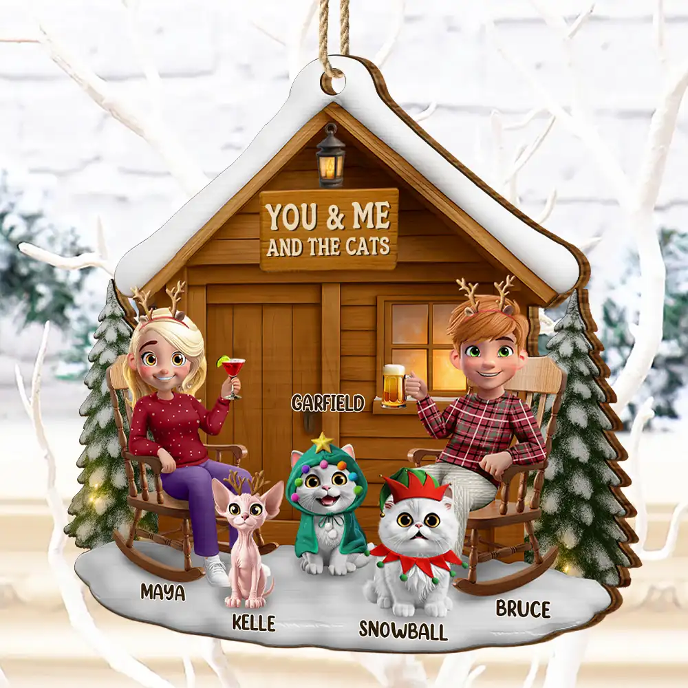 You & Me And The Cat 3D Effect Couple - Personalized Custom Shaped Wooden Ornament - Image 4