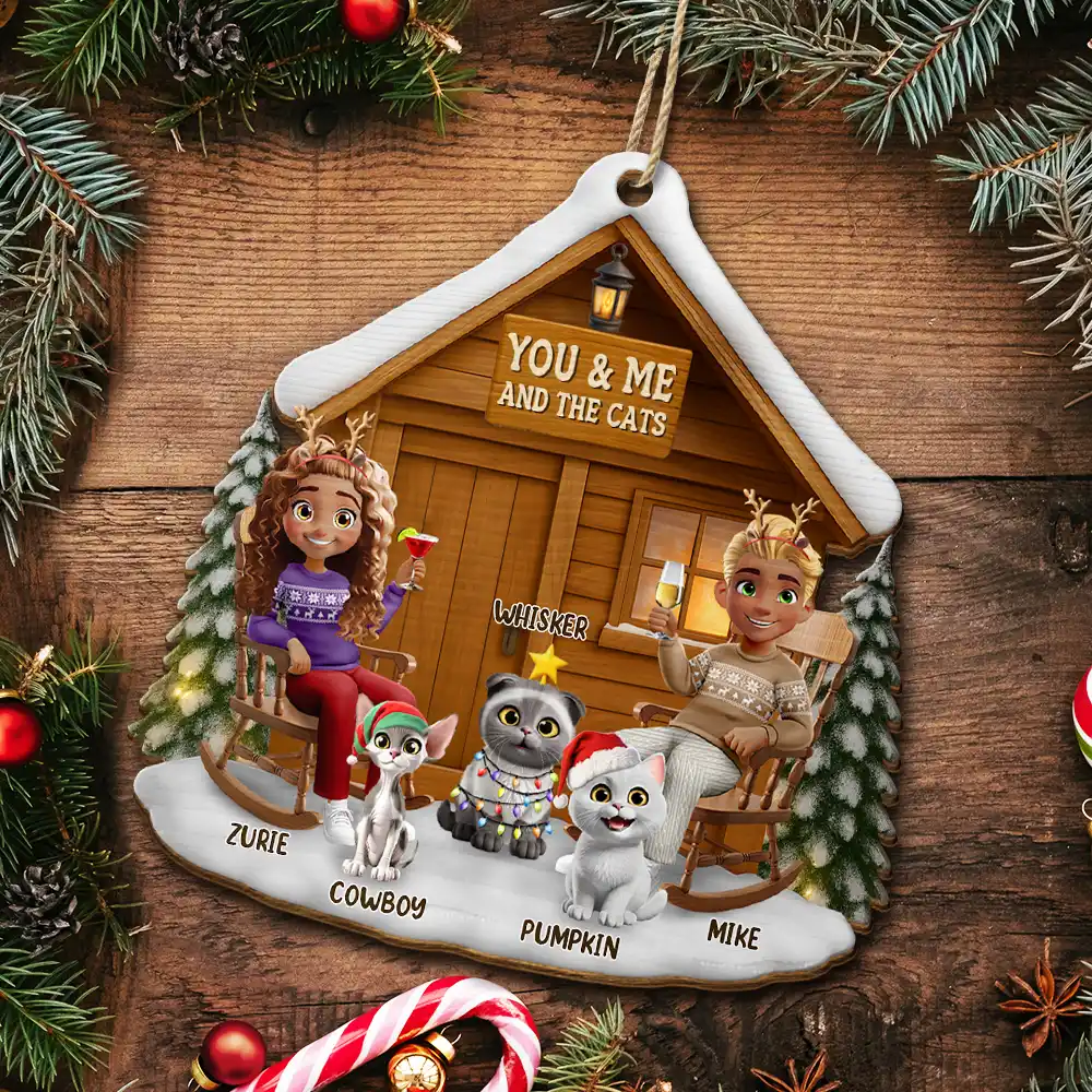 You & Me And The Cat 3D Effect Couple - Personalized Custom Shaped Wooden Ornament - Image 5