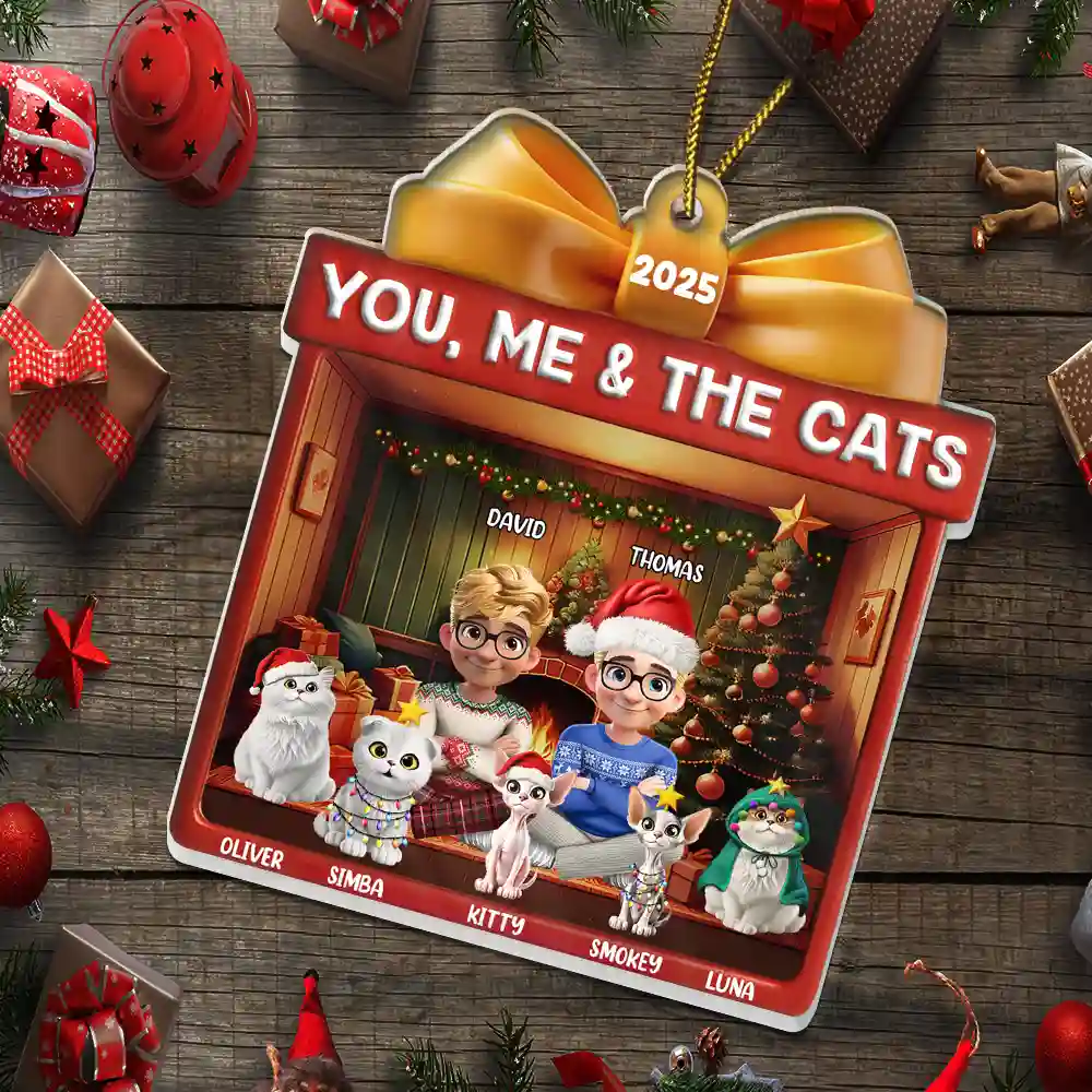 You Me And The Cat Christmas Box - Personalized Custom Shaped Acrylic Ornament - Image 5