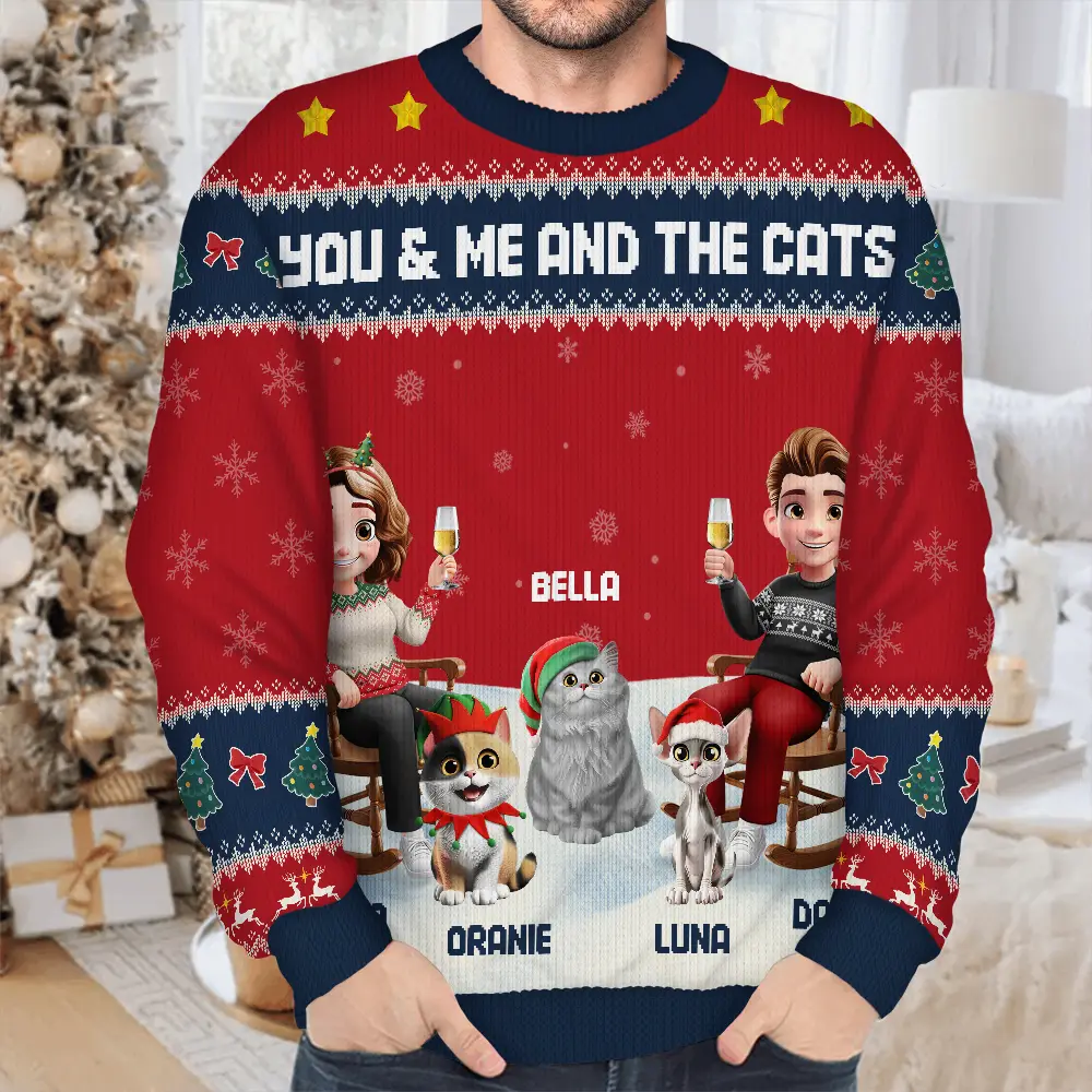You & Me And The Cat Happy 3D Effect Couple - Personalized Unisex Ugly Sweater - Image 4