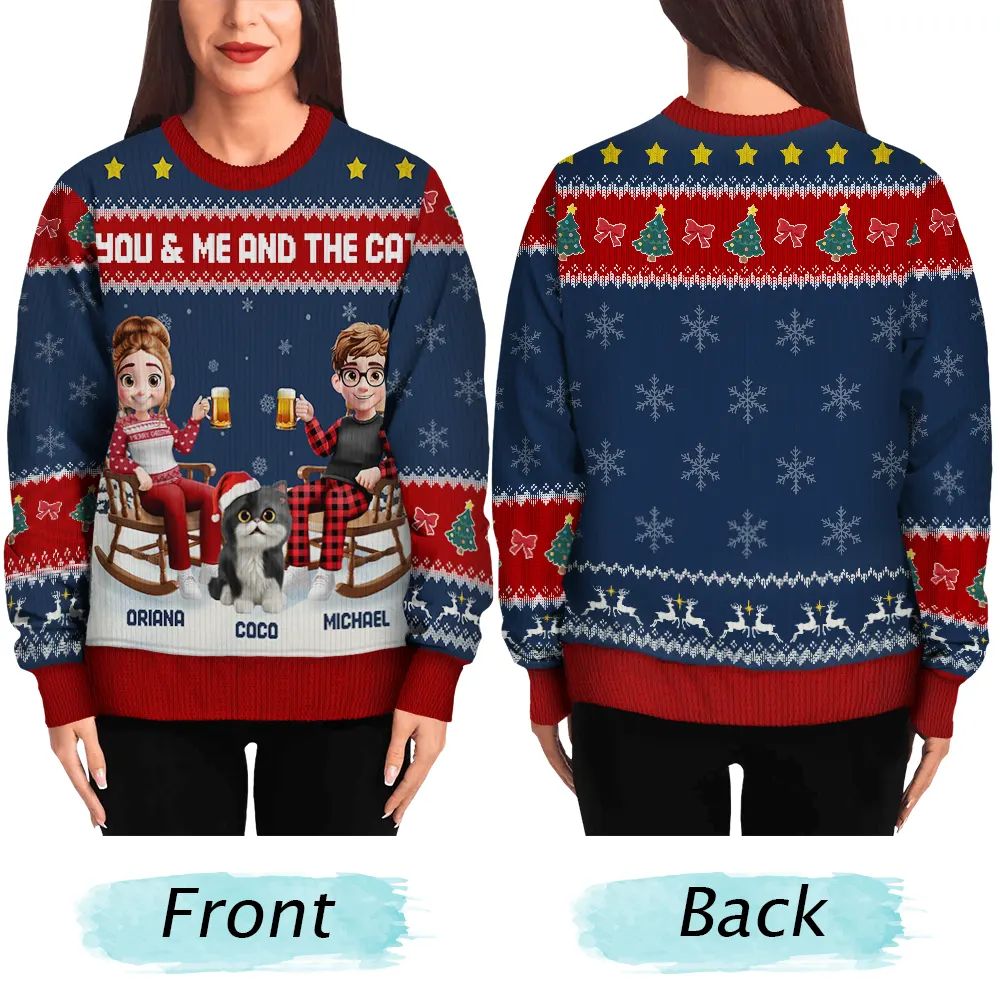 You & Me And The Cat Happy 3D Effect Couple - Personalized Unisex Ugly Sweater - Image 5