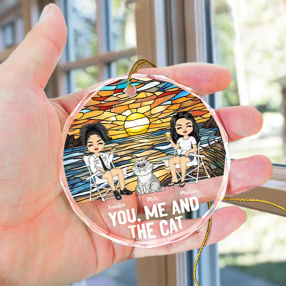 You, Me And The Cat - Personalized Circle Glass Ornament - Image 4