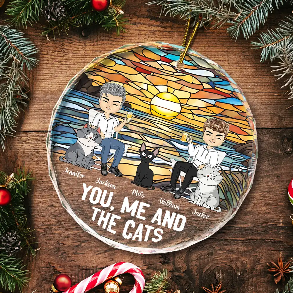 You, Me And The Cat - Personalized Circle Glass Ornament - Image 5