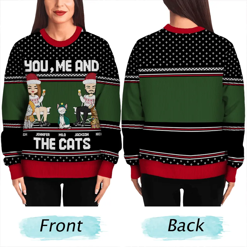 You, Me And The Cat - Personalized Unisex Ugly Sweater - Image 5