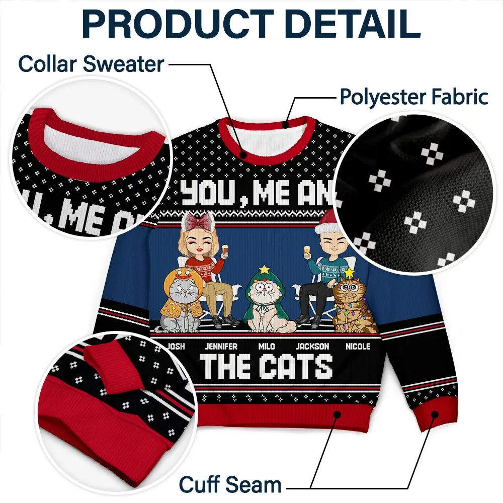 You, Me And The Cat - Personalized Unisex Ugly Sweater - Image 6