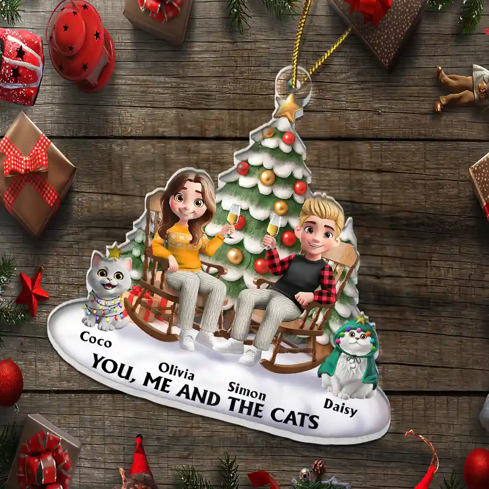 You & Me And The Cats 3D Effect Couple Sitting - Personalized Custom Shaped Acrylic Ornament - Image 5
