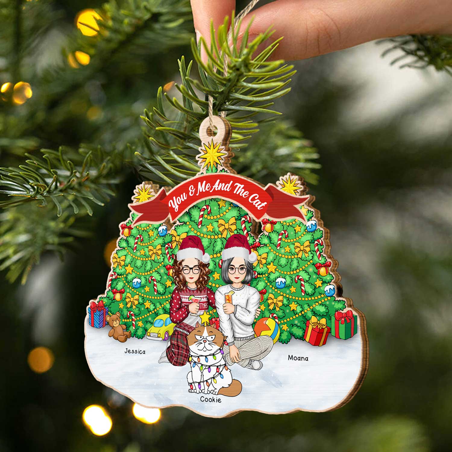 You & Me And The Cats Cartoon Style - Christmas Gift For Cat Lovers, Couples - Personalized Custom Shaped Wooden Ornament - Image 2
