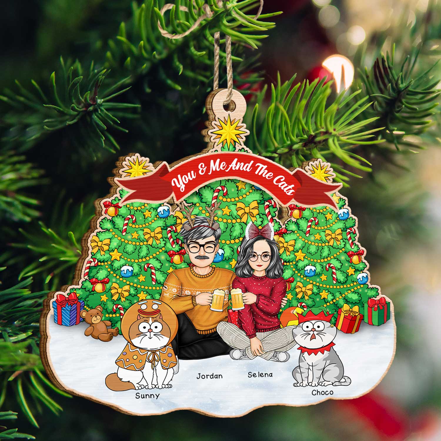 You & Me And The Cats Cartoon Style - Christmas Gift For Cat Lovers, Couples - Personalized Custom Shaped Wooden Ornament - Image 3