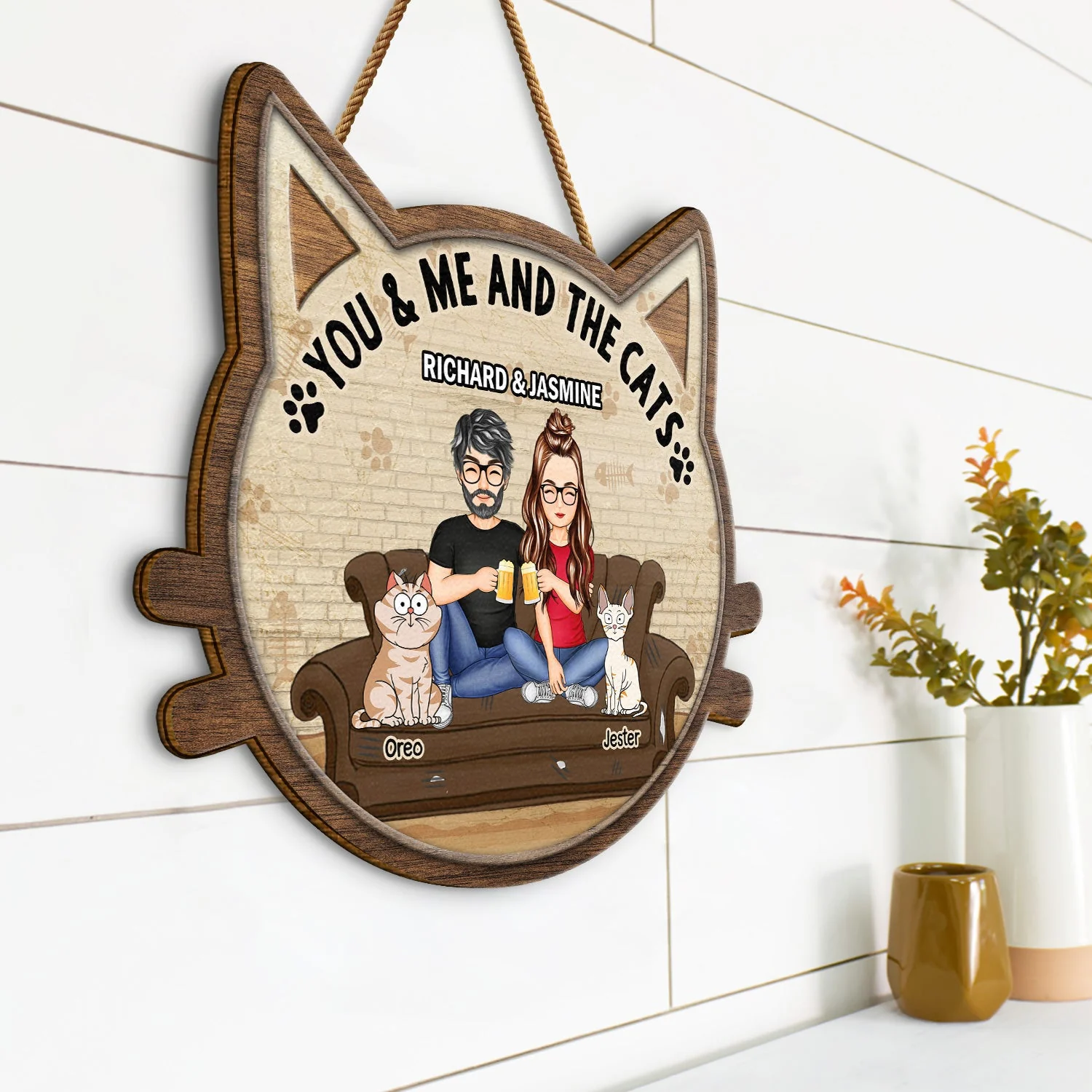 You & Me And The Cats - Gift For Cat Lovers, Gift For Couple - Personalized Custom Shaped Wood Sign - Image 2