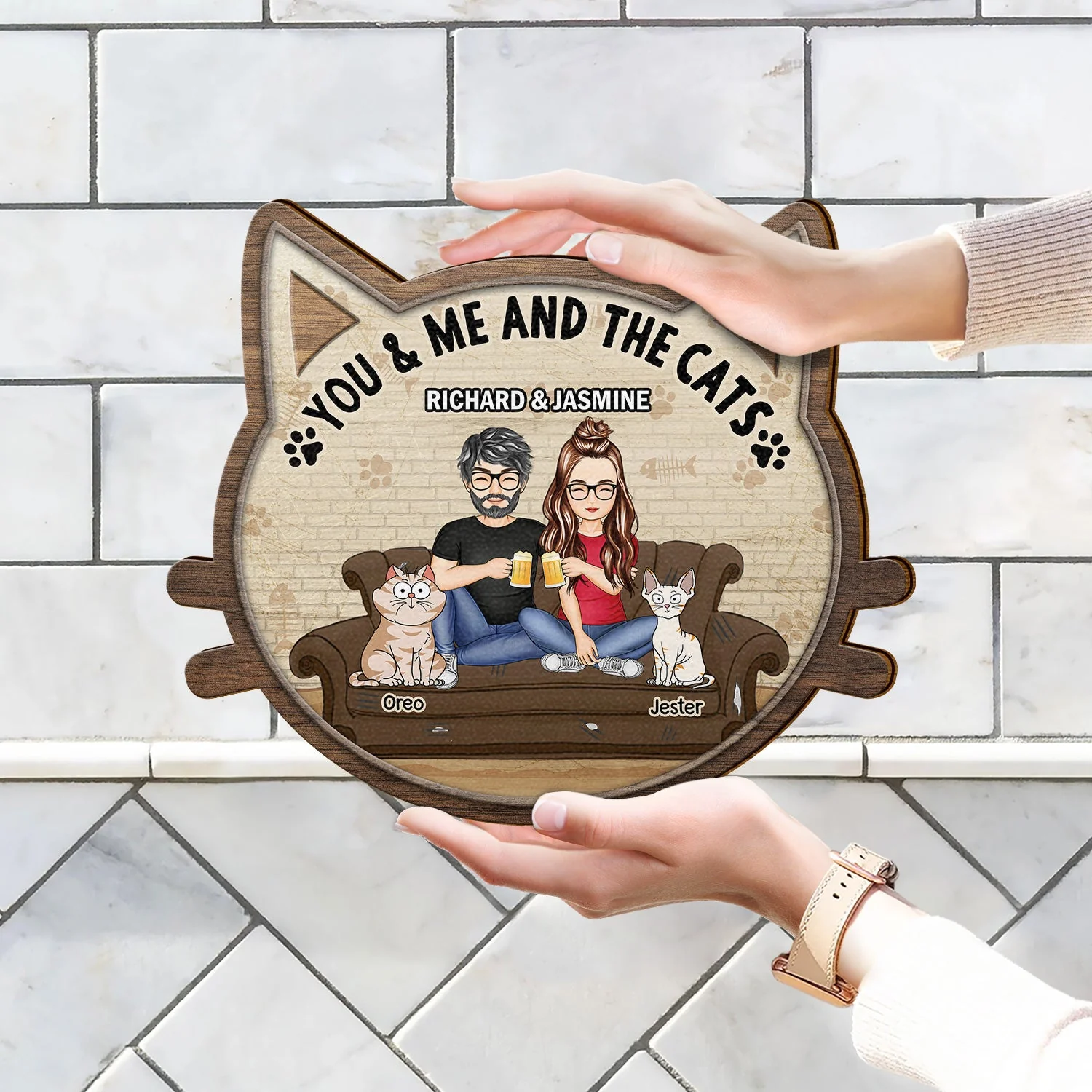 You & Me And The Cats - Gift For Cat Lovers, Gift For Couple - Personalized Custom Shaped Wood Sign - Image 4