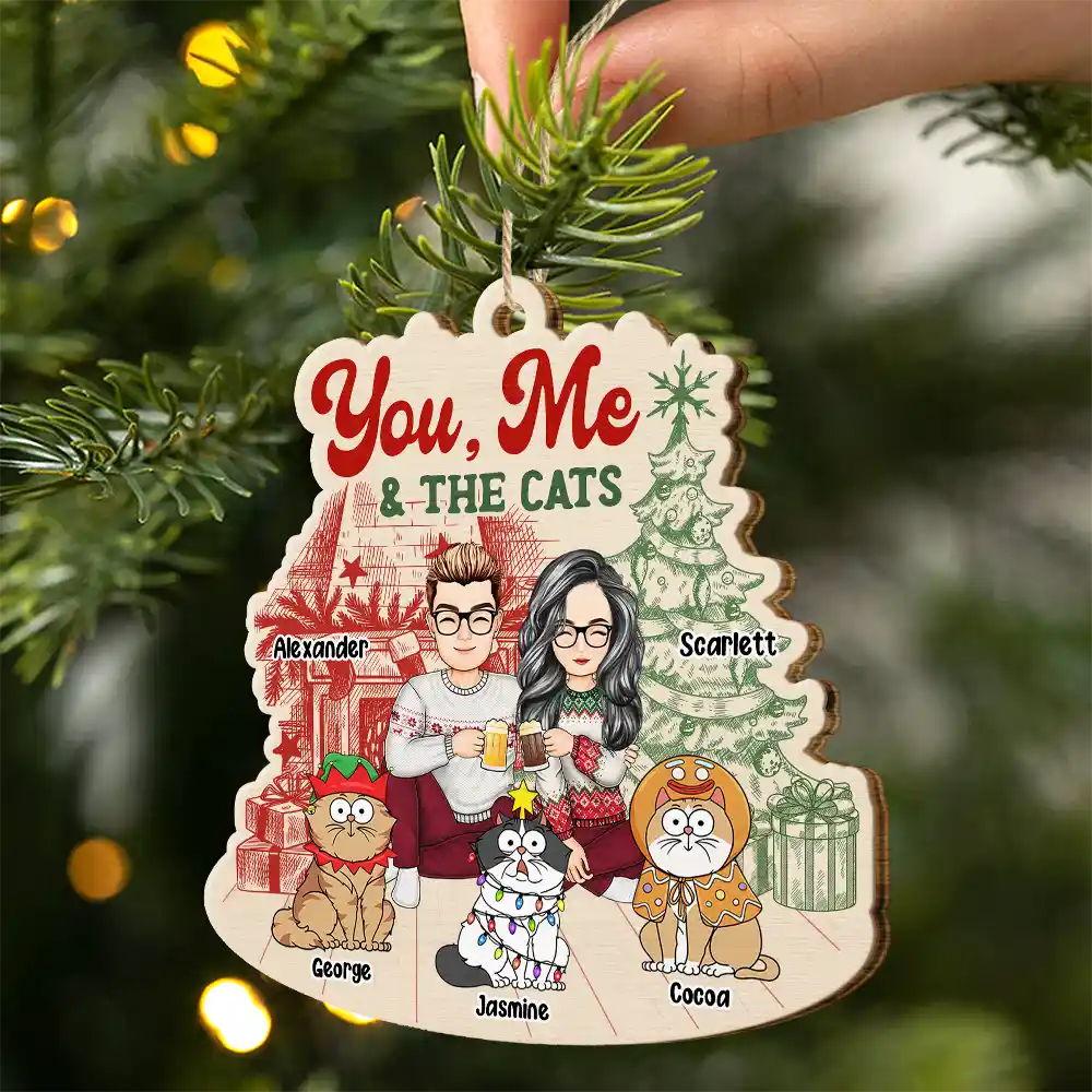 You, Me And The Cats - Personalized Custom Shaped Wooden Ornament - Image 2