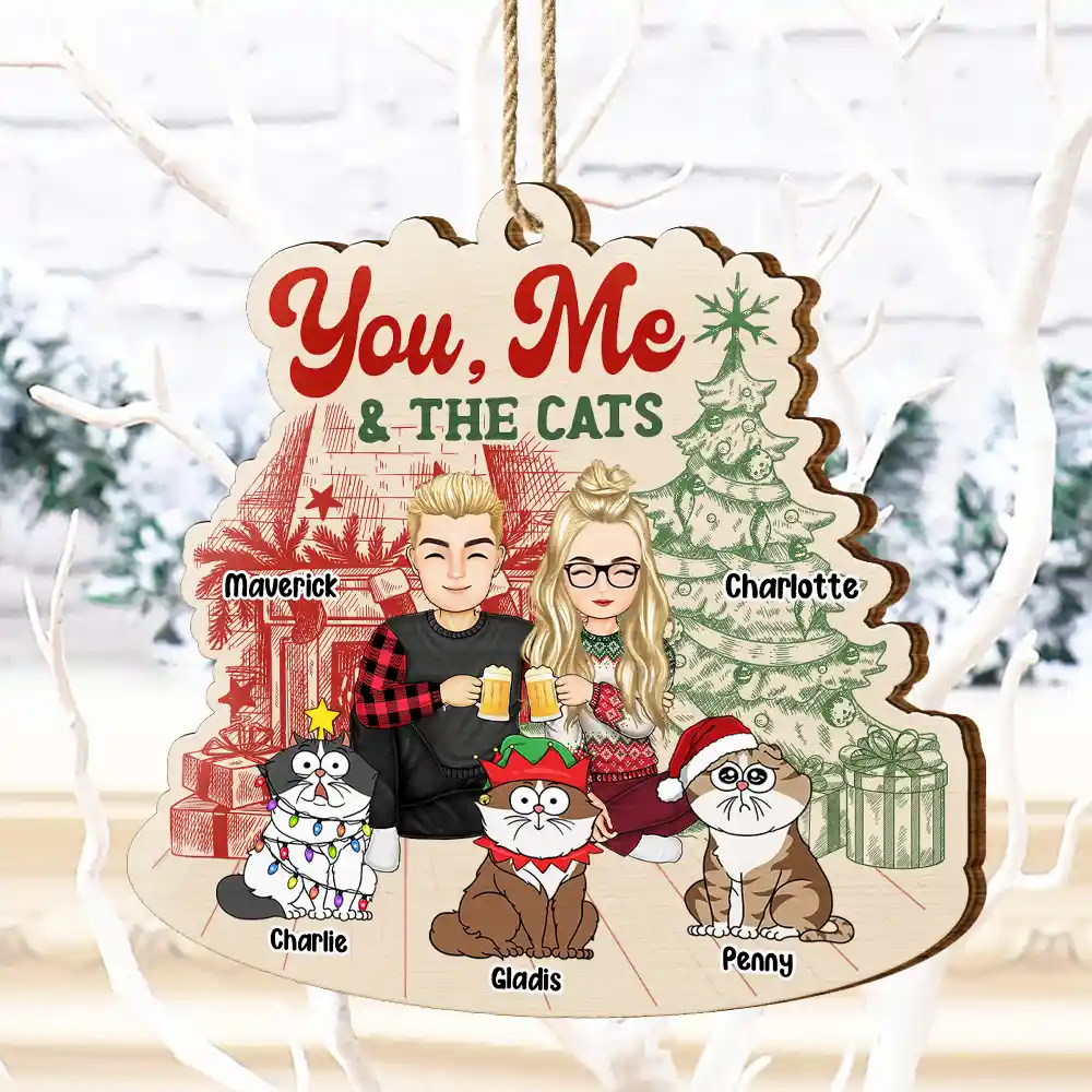 You, Me And The Cats - Personalized Custom Shaped Wooden Ornament - Image 4