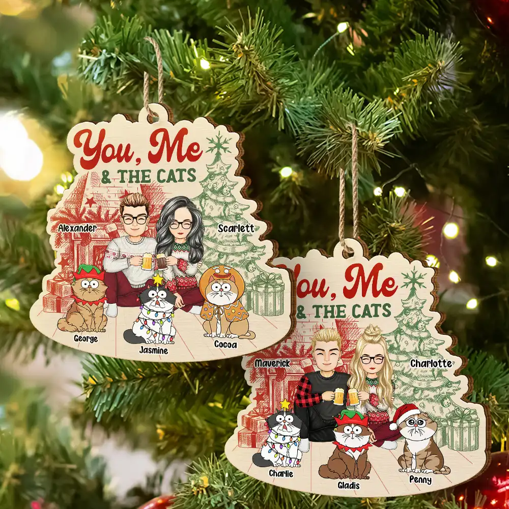 You, Me And The Cats - Personalized Custom Shaped Wooden Ornament - Image 6