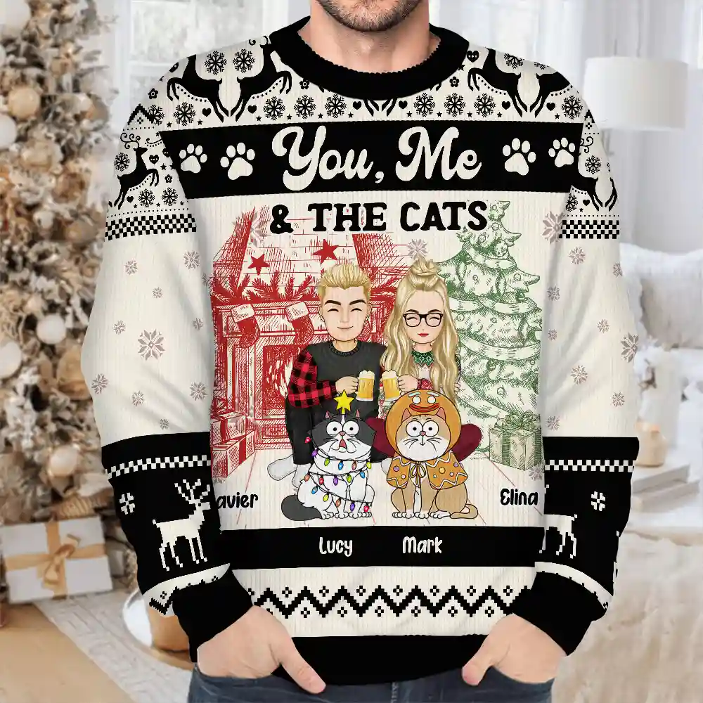 You, Me And The Cats - Personalized Unisex Ugly Sweater - Image 4