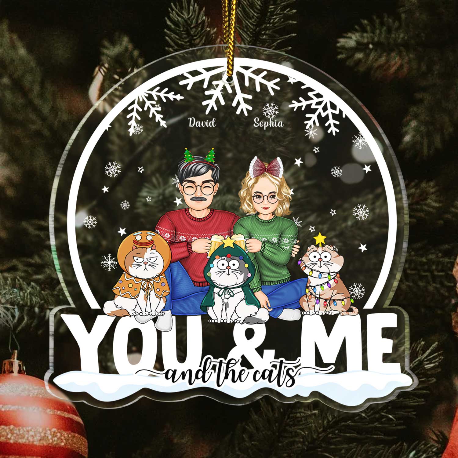 You & Me And The Cats Snow Globe - Christmas Gift For Cat Lovers, Couples - Personalized Custom Shaped Acrylic Ornament - Image 3