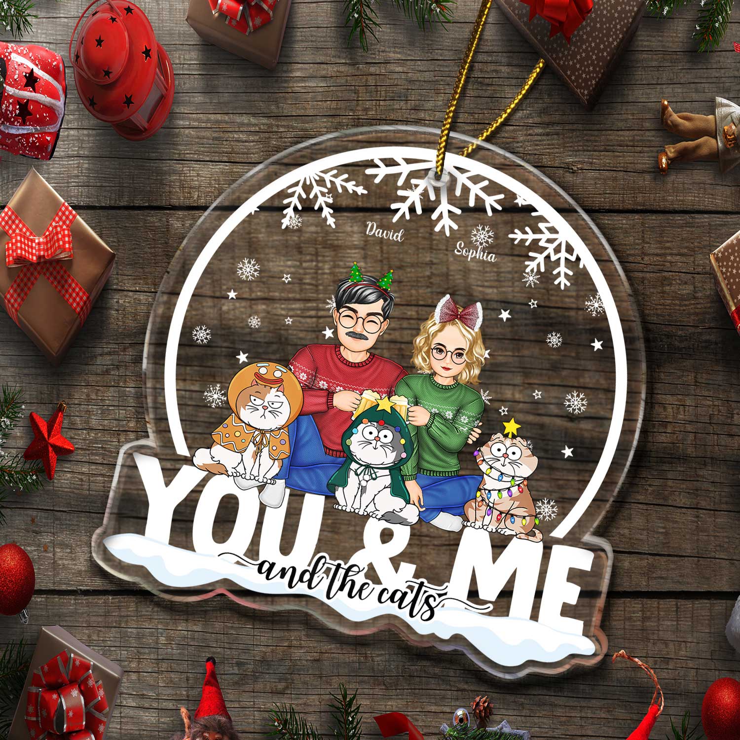 You & Me And The Cats Snow Globe - Christmas Gift For Cat Lovers, Couples - Personalized Custom Shaped Acrylic Ornament - Image 5