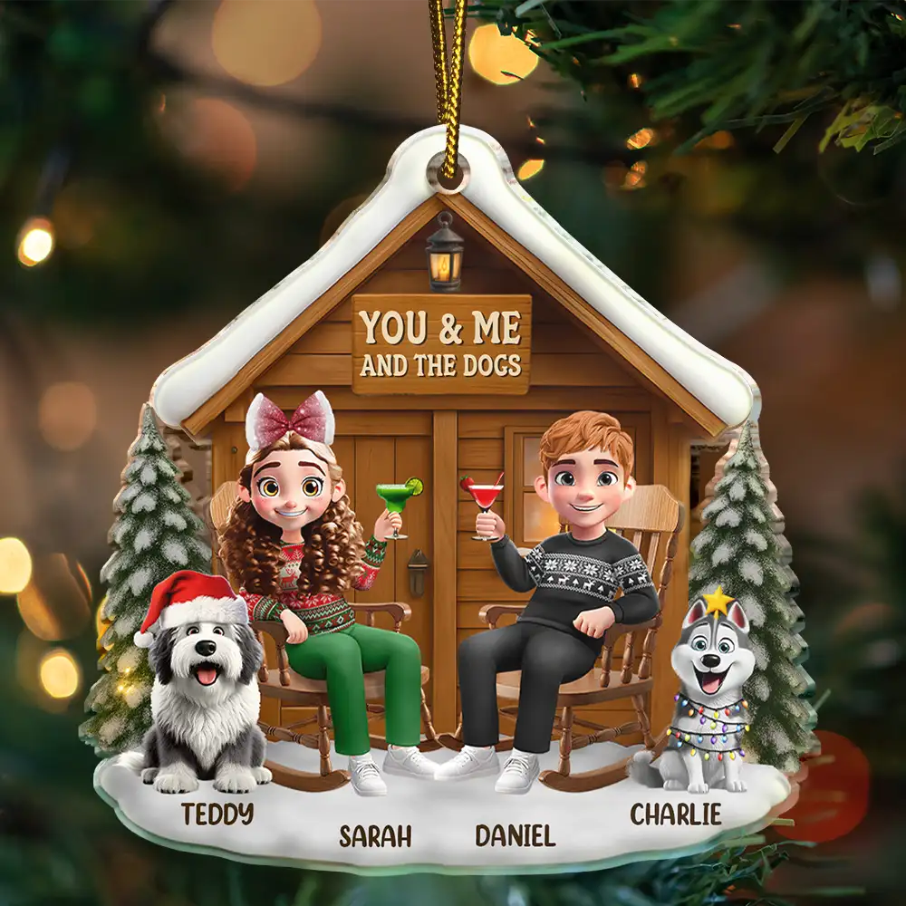 You & Me And The Dog 3D Effect Couple - Personalized Custom Shaped Acrylic Ornament - Image 3