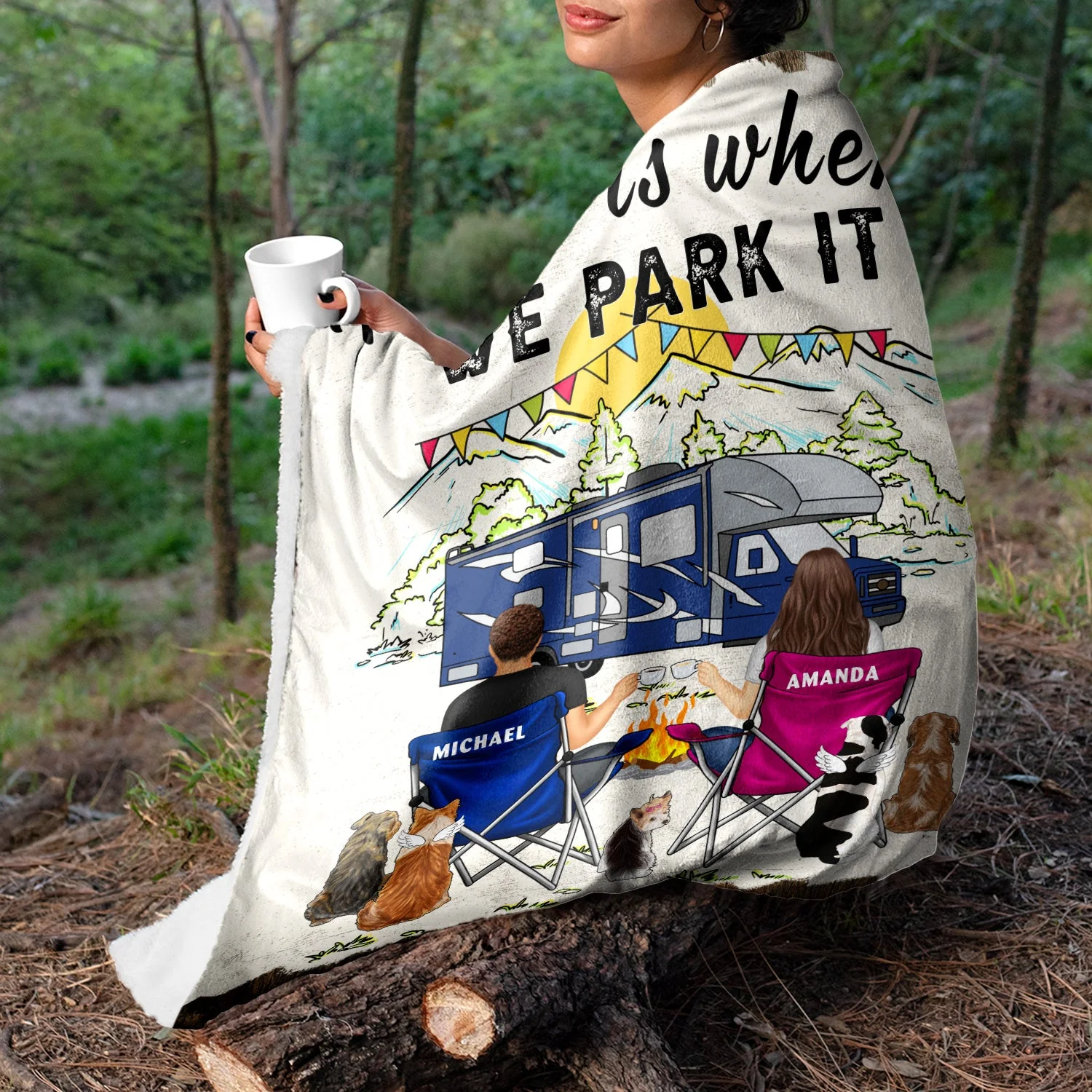 You & Me And The Dog Home Is Where - Gift For Camping Couples - Personalized Fleece Blanket - Image 3