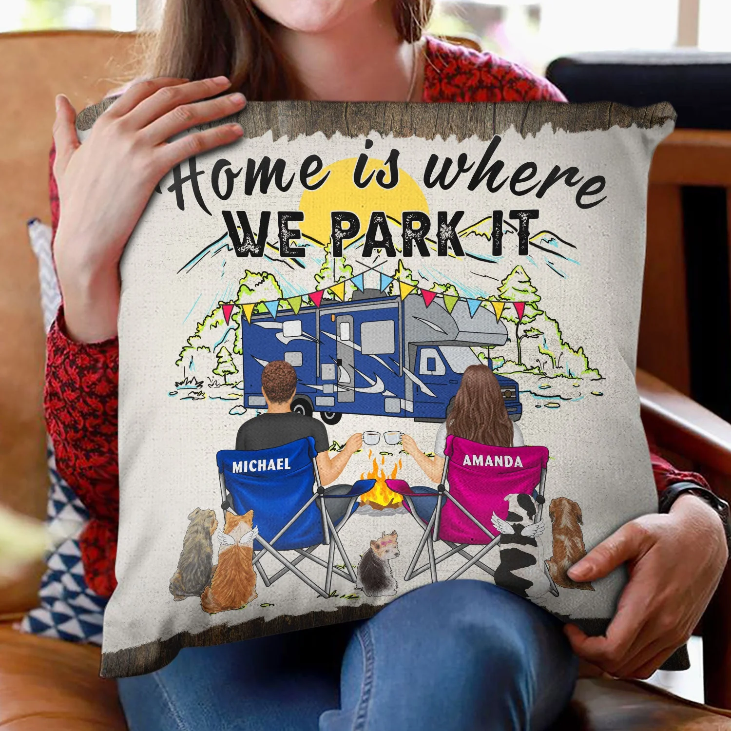 You & Me And The Dog Home Is Where - Gift For Camping Couples - Personalized Pillow - Image 2