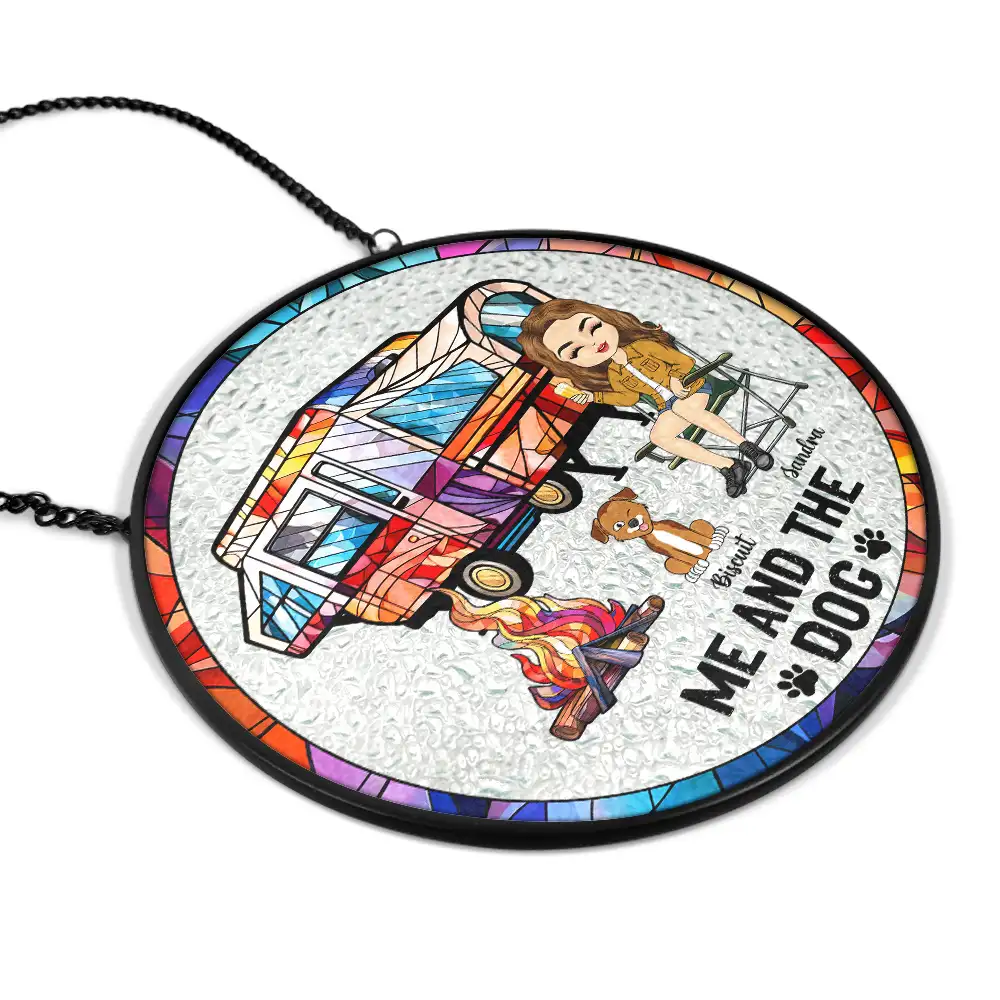 You & Me And The Dogs Camping - Personalized Stained Glass Window Hanging Suncatcher - Image 2