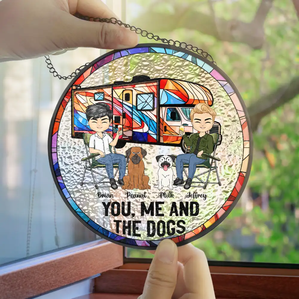 You & Me And The Dogs Camping - Personalized Stained Glass Window Hanging Suncatcher - Image 4