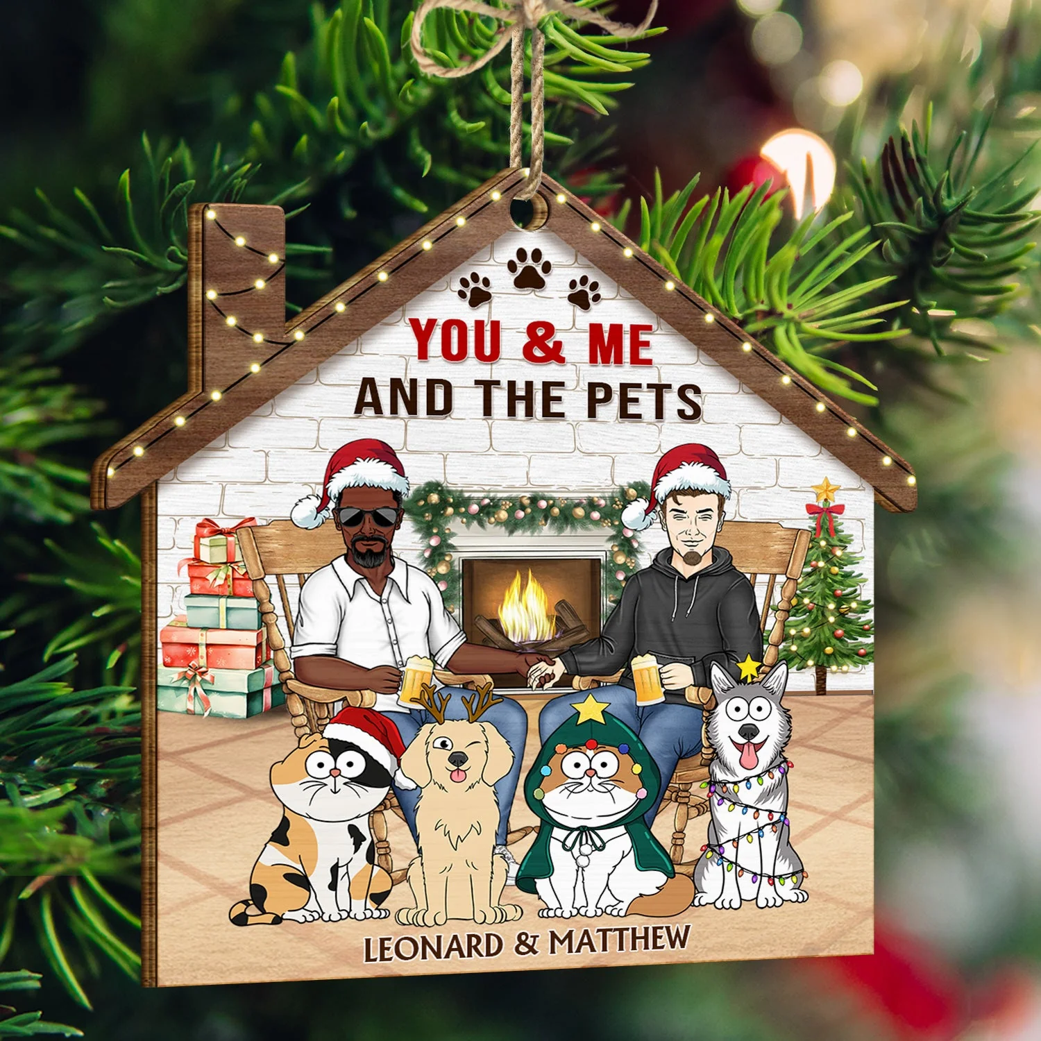 You & Me And The Dogs Cats - Christmas Gift For Couple, Pet Lovers And Family - Personalized Custom Shaped Wooden Ornament - Image 3