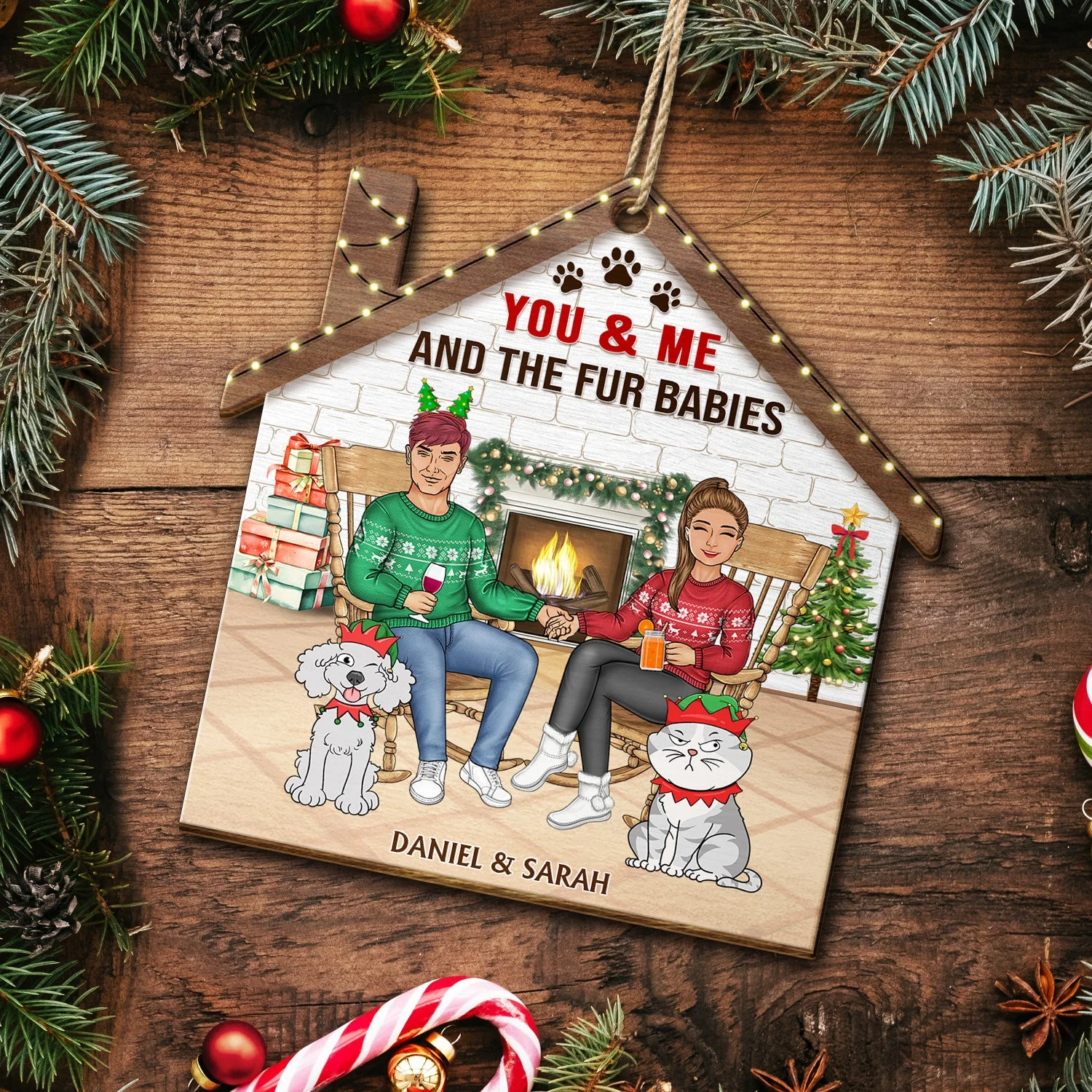 You & Me And The Dogs Cats - Christmas Gift For Couple, Pet Lovers And Family - Personalized Custom Shaped Wooden Ornament - Image 5