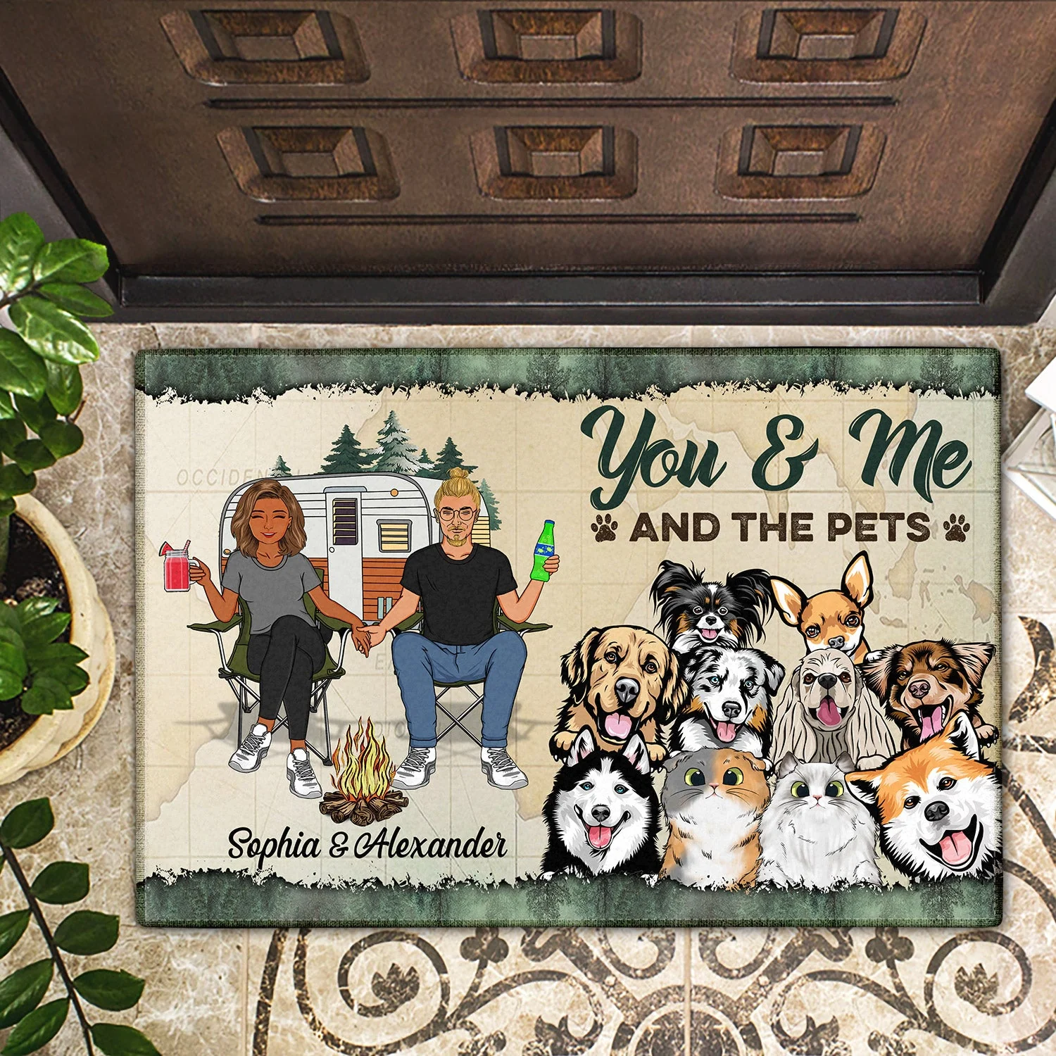 You & Me And The Dogs Cats - Gift For Pet, Camping Lovers, Campsite, Camping Decor, Couple, Family - Personalized Custom Doormat - Image 2
