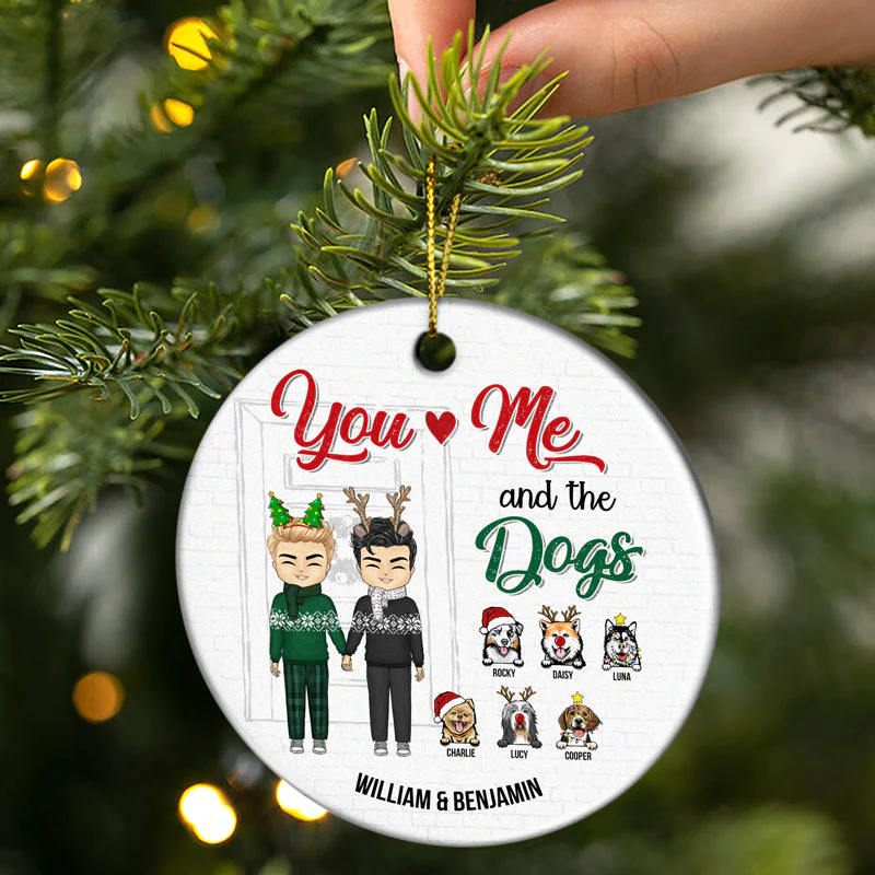 You & Me And The Dogs - Christmas Gift For Couple With Dog - Personalized Custom Circle Ceramic Ornament - Image 2