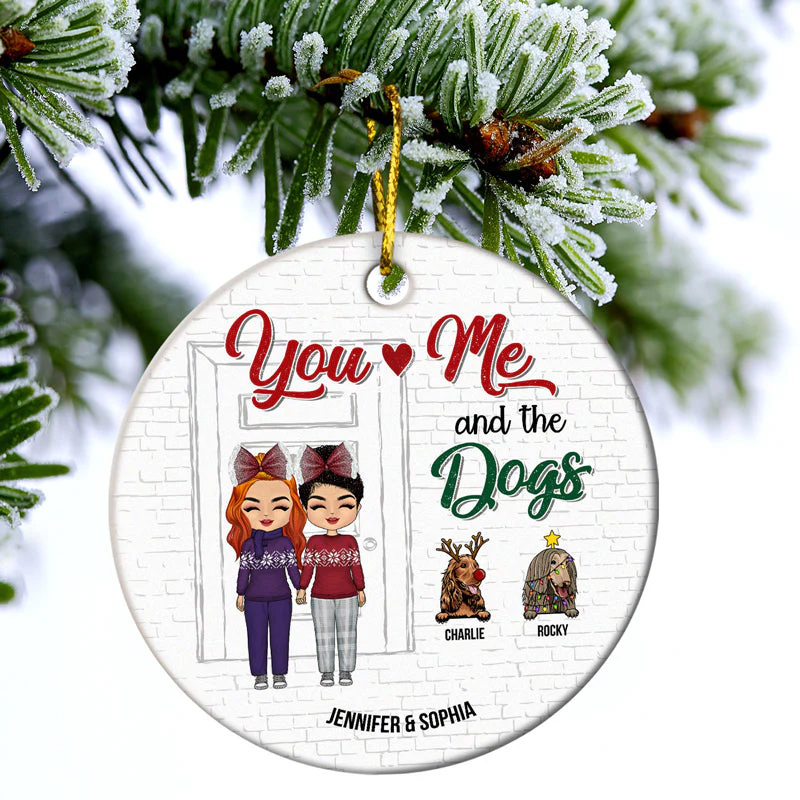 You & Me And The Dogs - Christmas Gift For Couple With Dog - Personalized Custom Circle Ceramic Ornament - Image 3