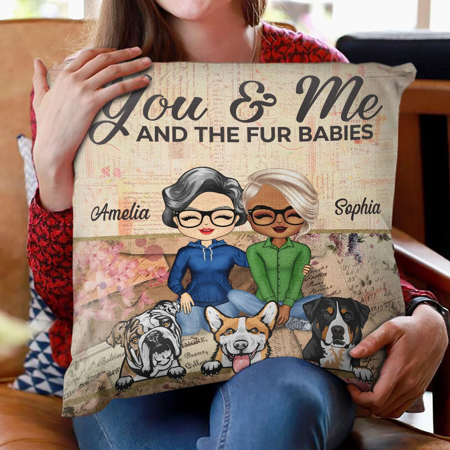 You & Me And The Fur Babies Couple Dog Cat - Gift For Dog Lovers & Cat Lovers - Personalized Custom Pillow - Image 2