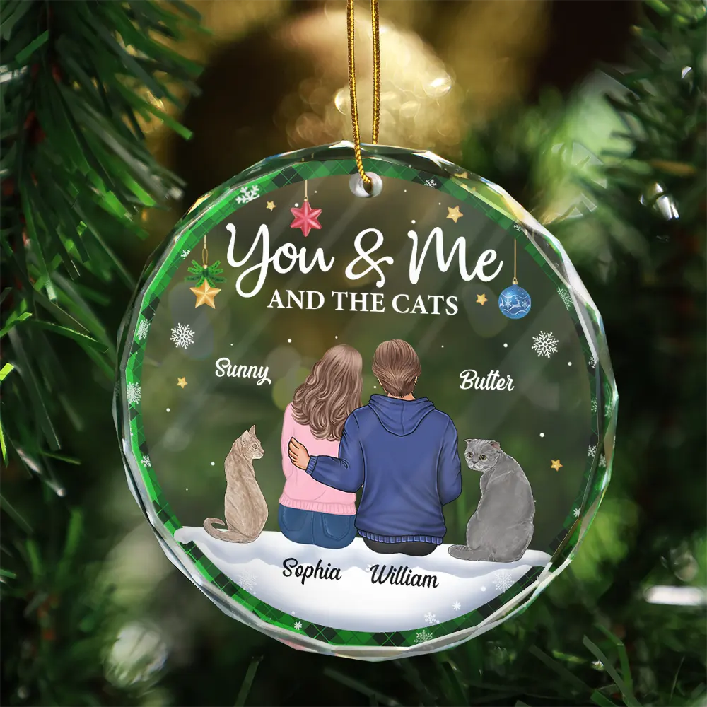 You & Me & The Cat Christmas Couple - Personalized Circle Glass Ornament - Image 3