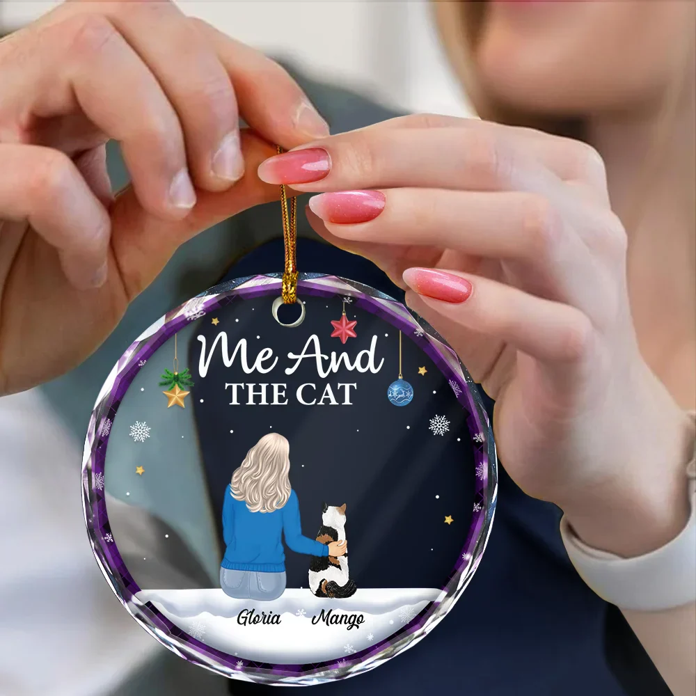 You & Me & The Cat Christmas Couple - Personalized Circle Glass Ornament - Image 4