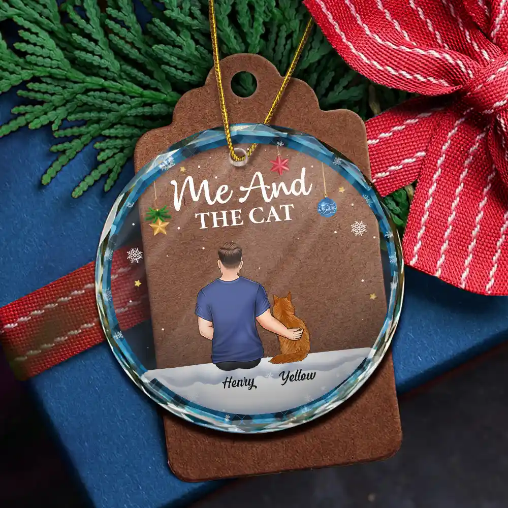 You & Me & The Cat Christmas Couple - Personalized Circle Glass Ornament - Image 5