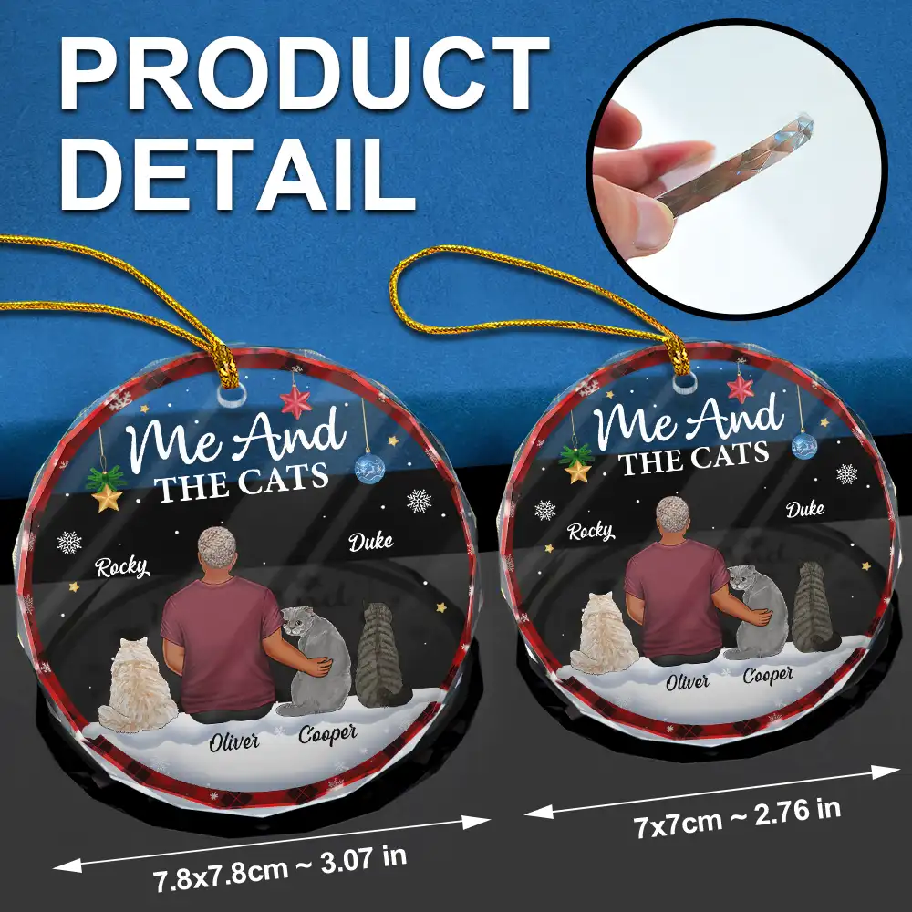 You & Me & The Cat Christmas Couple - Personalized Circle Glass Ornament - Image 6