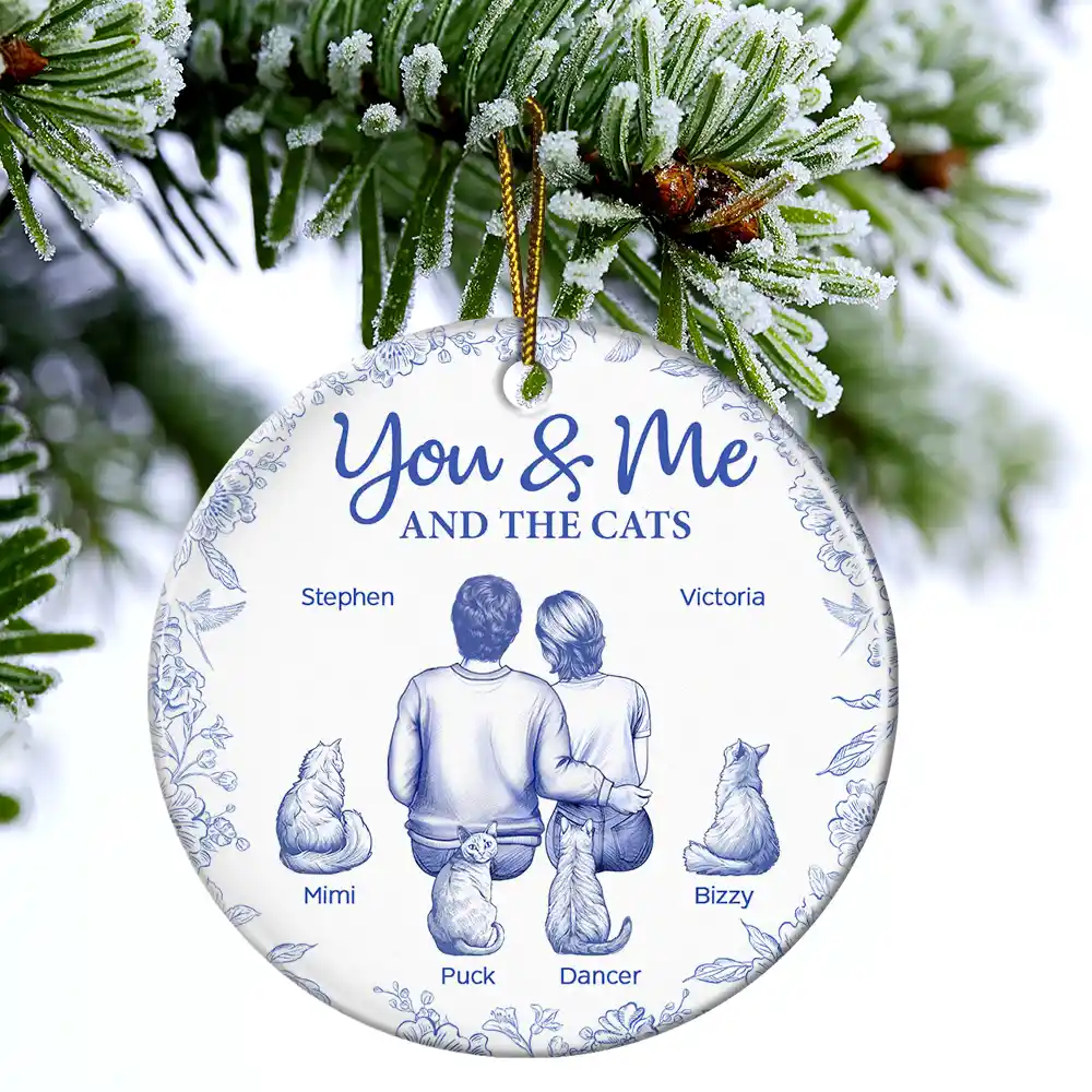 You & Me & The Cat Toile - Personalized Circle Ceramic Ornament - Image 4