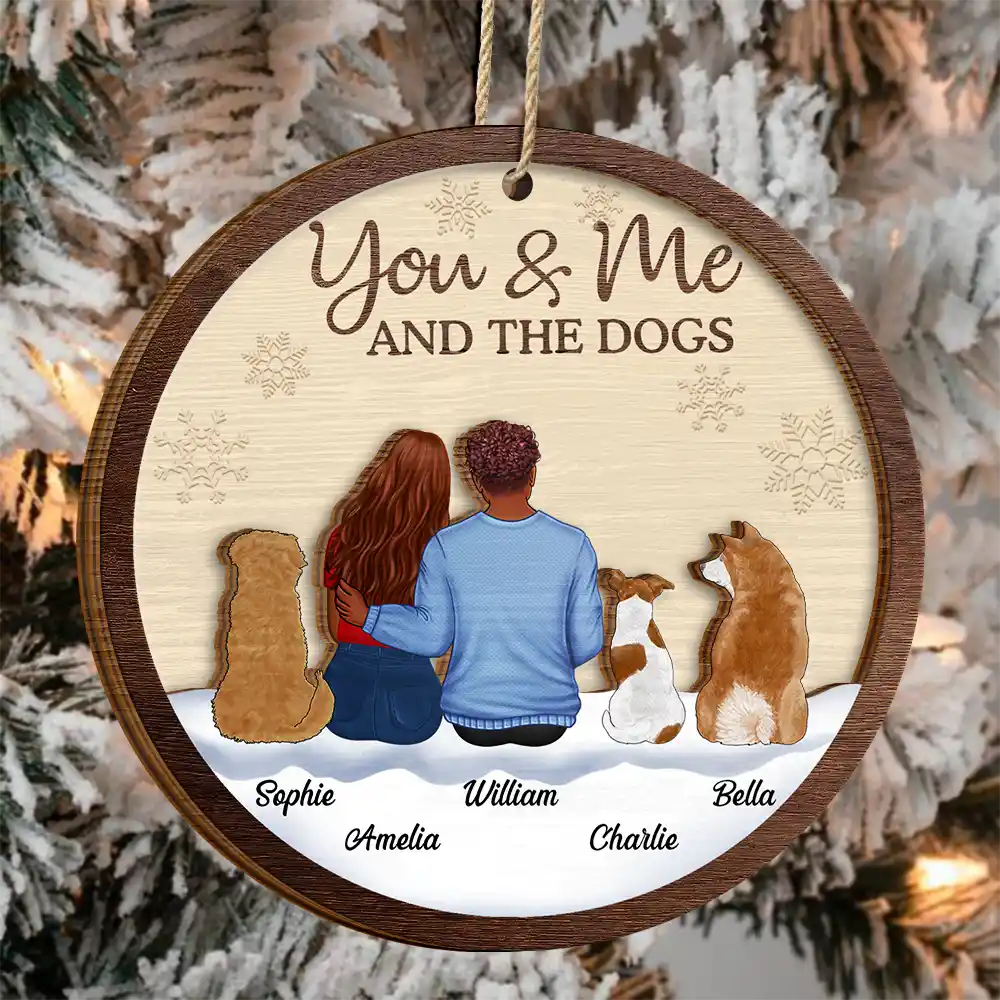 You & Me & The Dog Christmas Couple - Personalized 2-Layered Wooden Ornament - Image 3