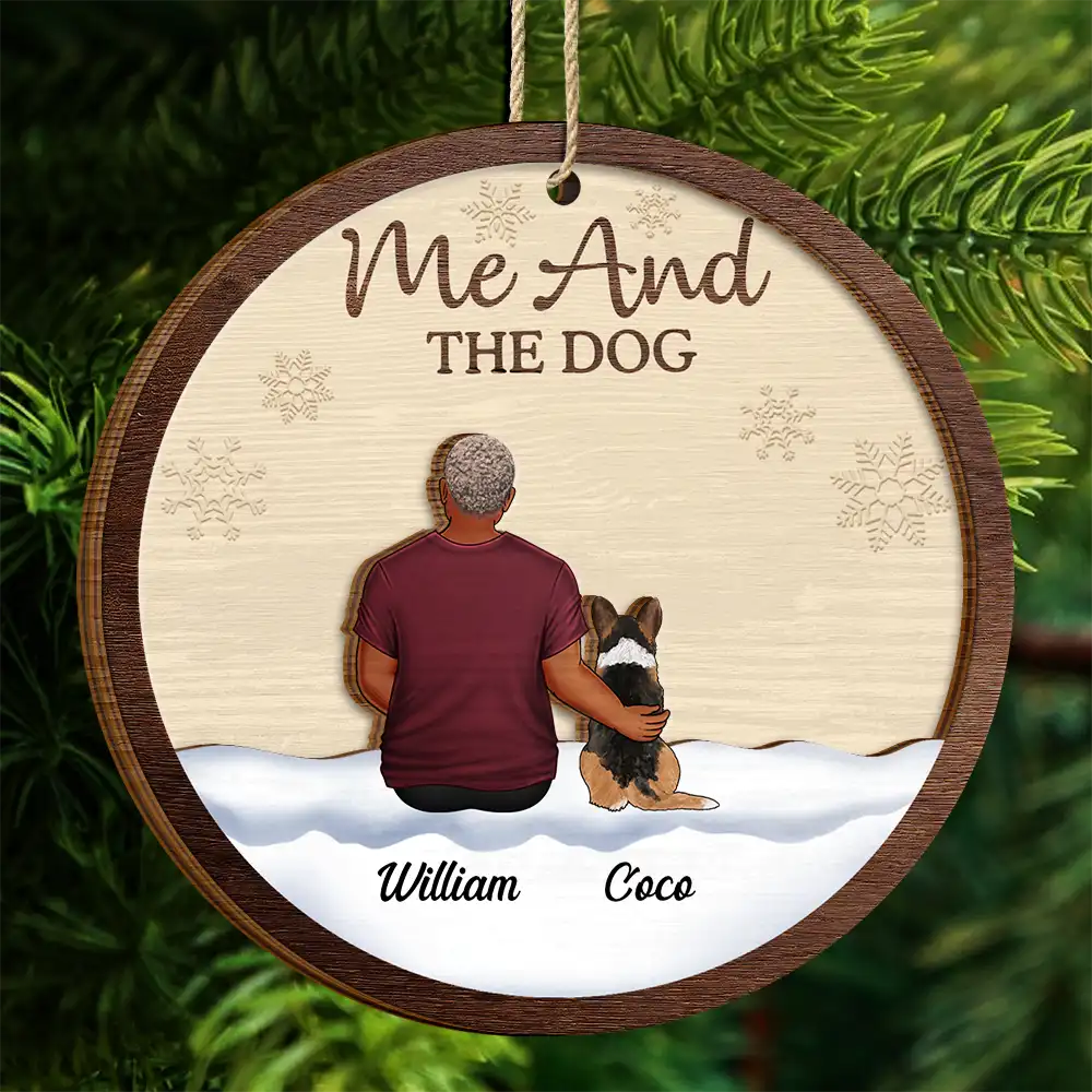 You & Me & The Dog Christmas Couple - Personalized 2-Layered Wooden Ornament - Image 4