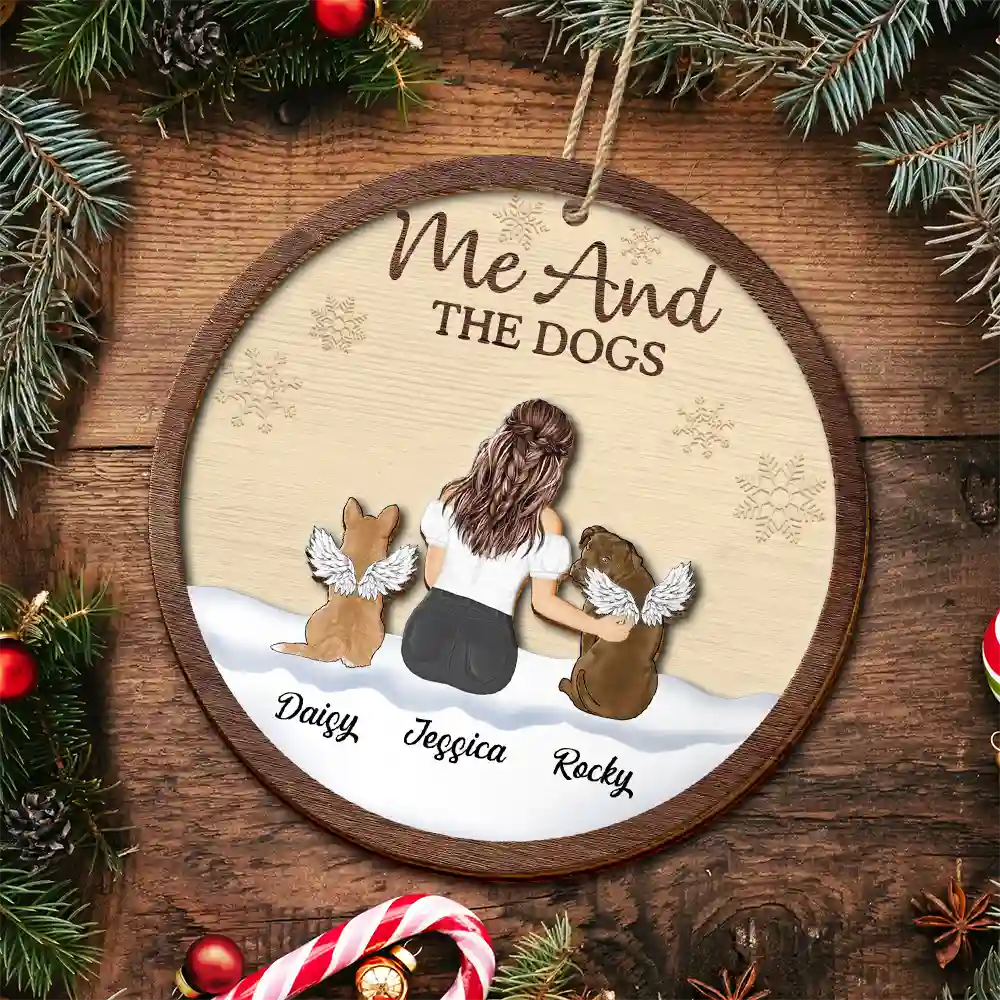 You & Me & The Dog Christmas Couple - Personalized 2-Layered Wooden Ornament - Image 5